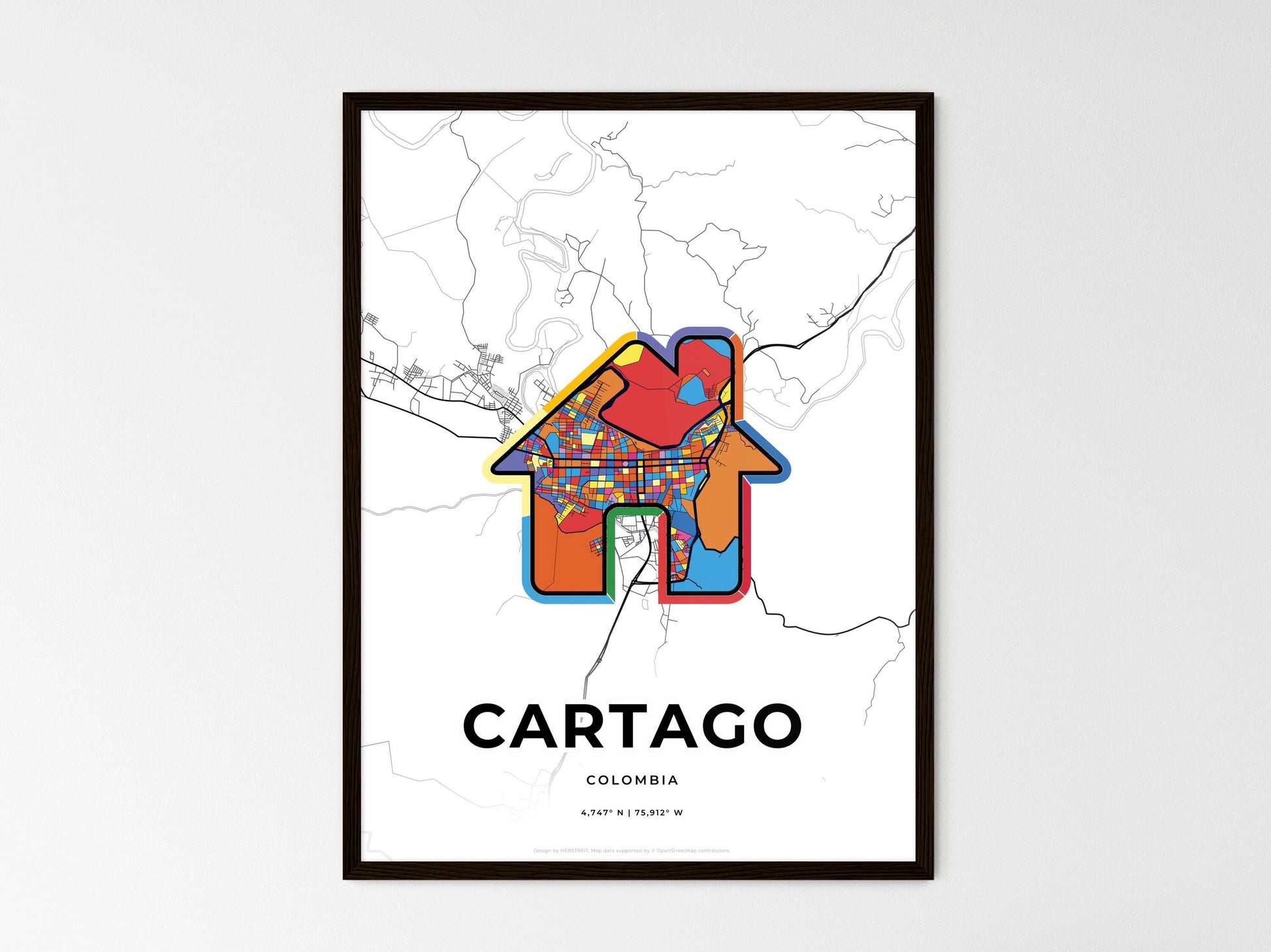 CARTAGO COLOMBIA minimal art map with a colorful icon. Where it all began, Couple map gift. Style 3