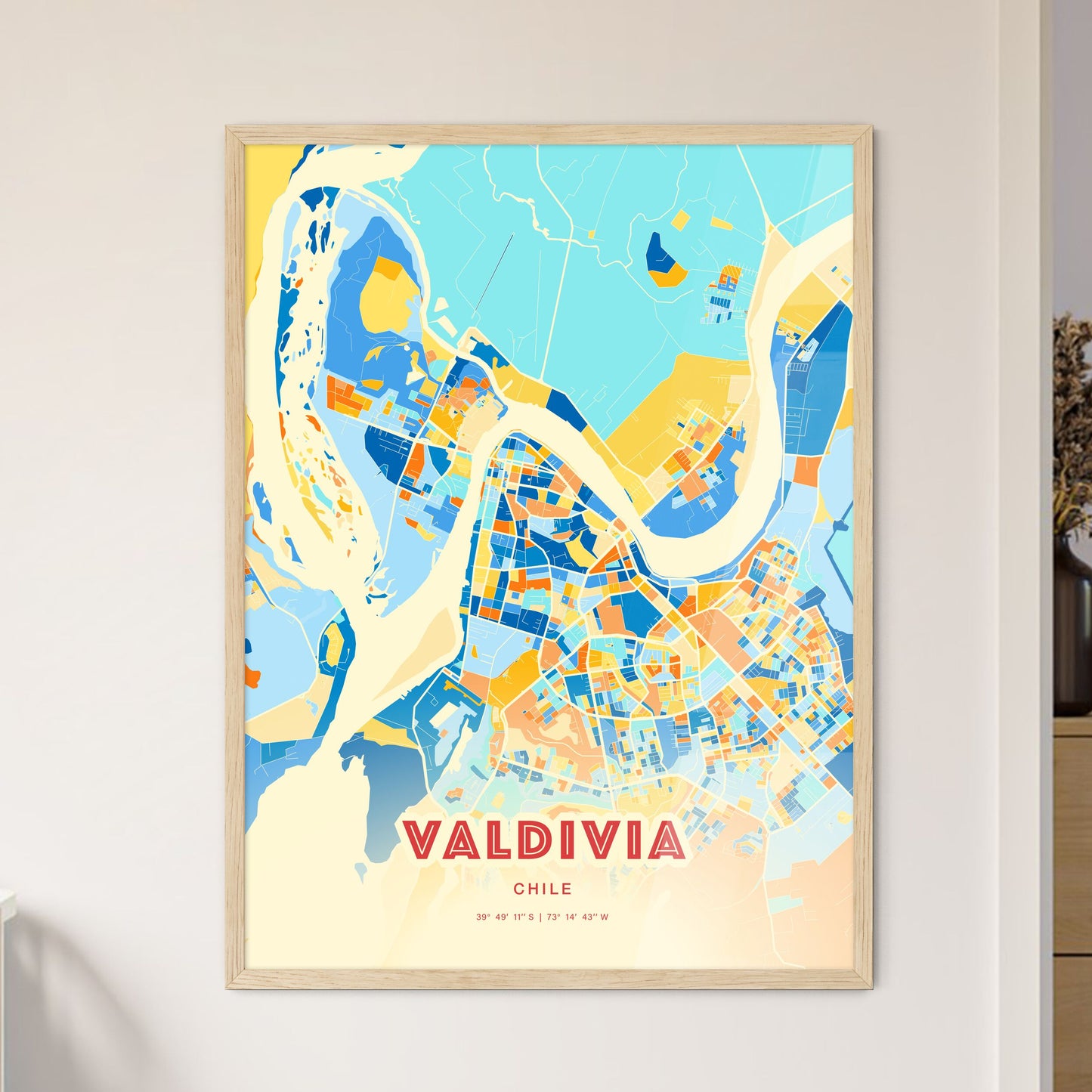 Colorful VALDIVIA CHILE Fine Art Map Blue Orange