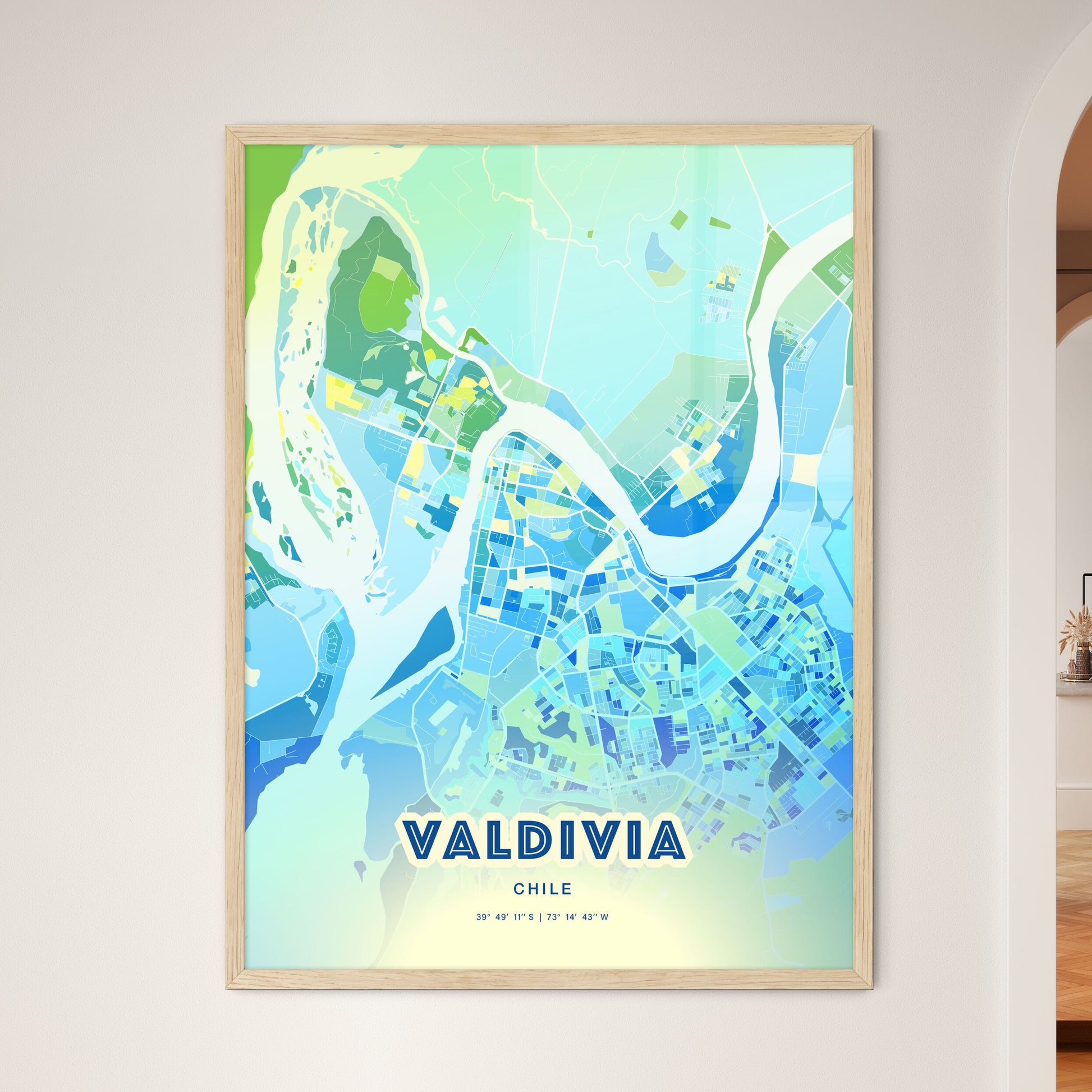 Colorful VALDIVIA CHILE Fine Art Map Cool Blue