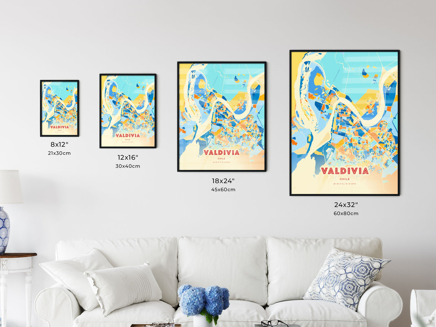 Colorful VALDIVIA CHILE Fine Art Map Blue Orange