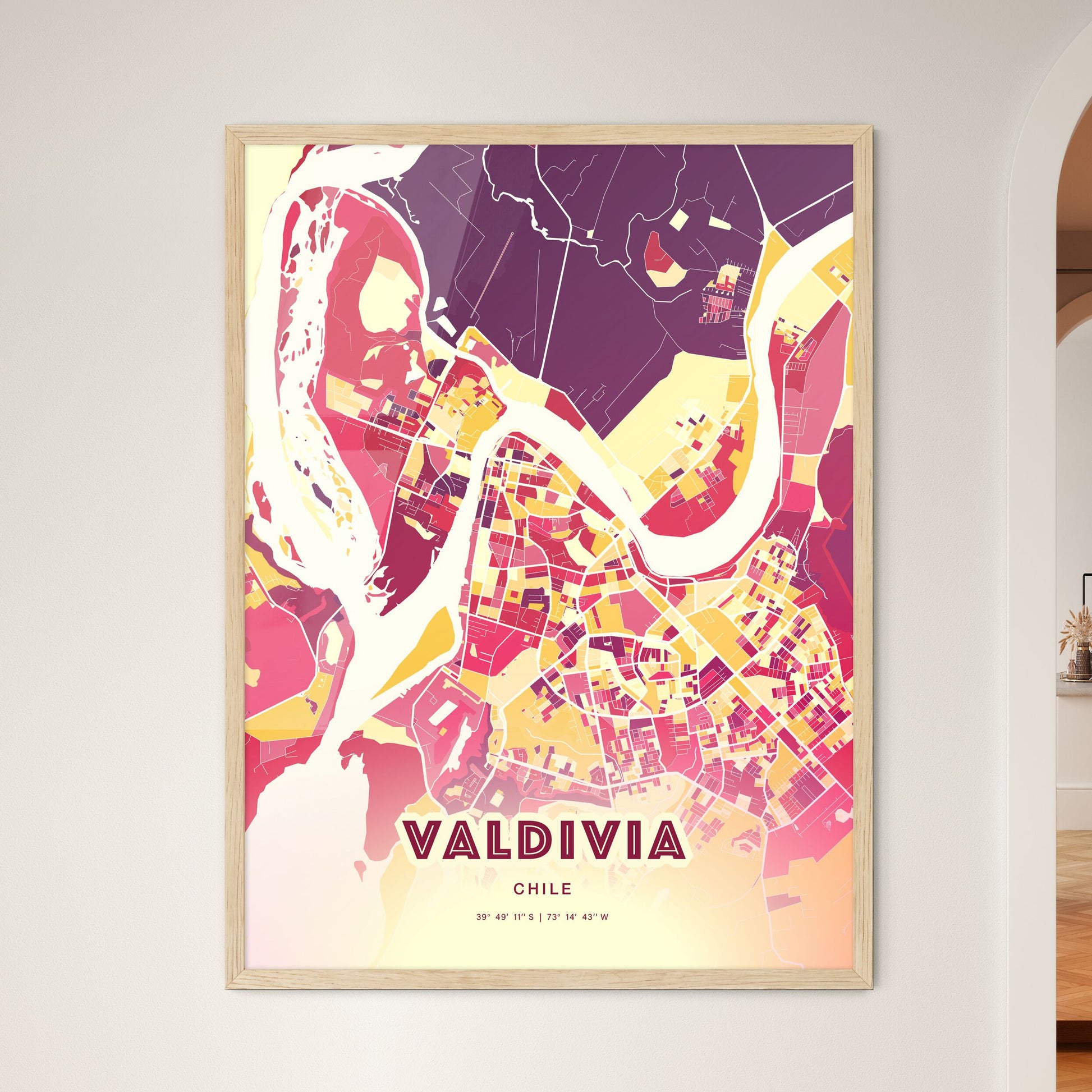 Colorful VALDIVIA CHILE Fine Art Map Hot Red