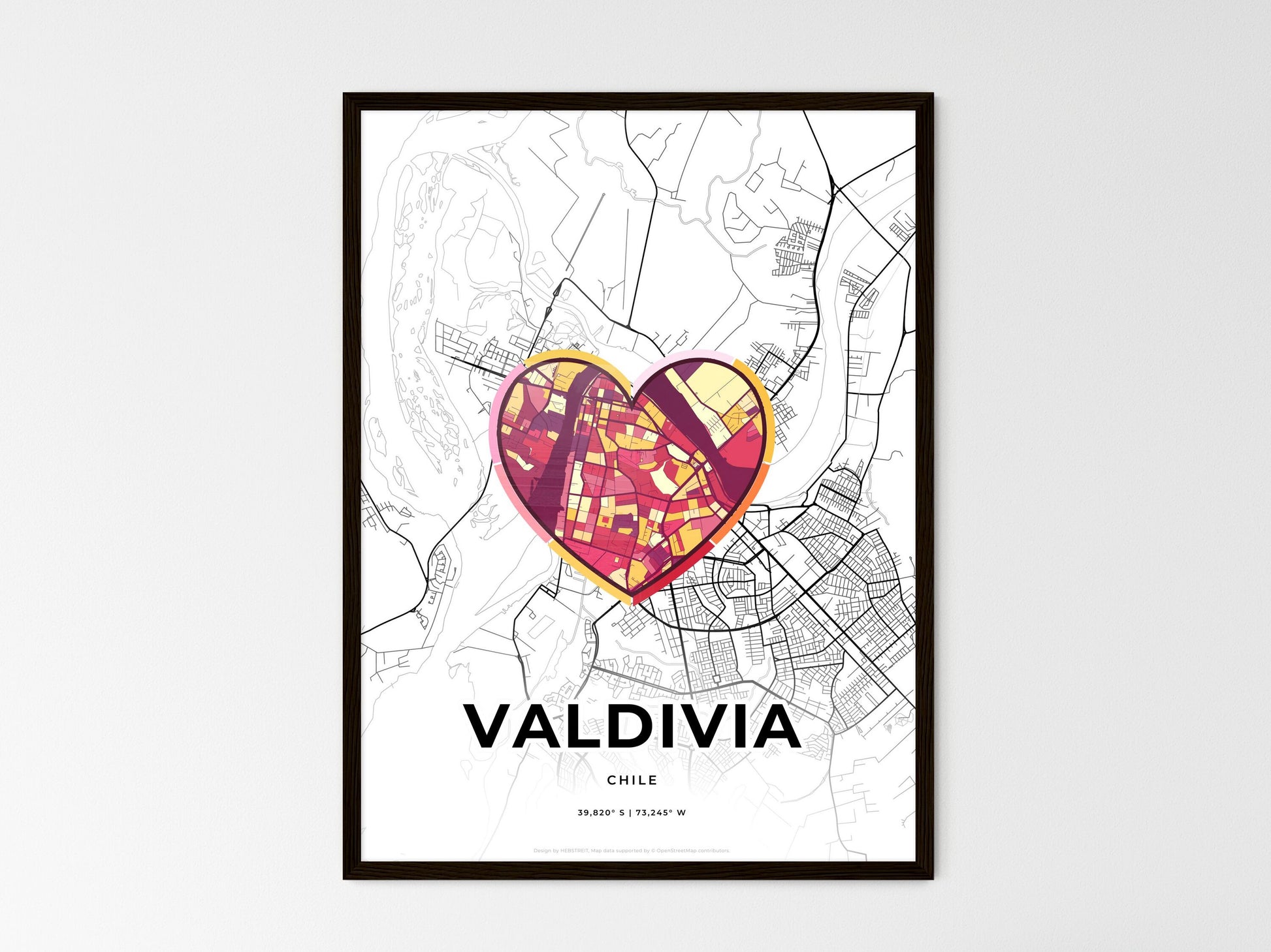 Valdivia Chile wedding art map with heart icon