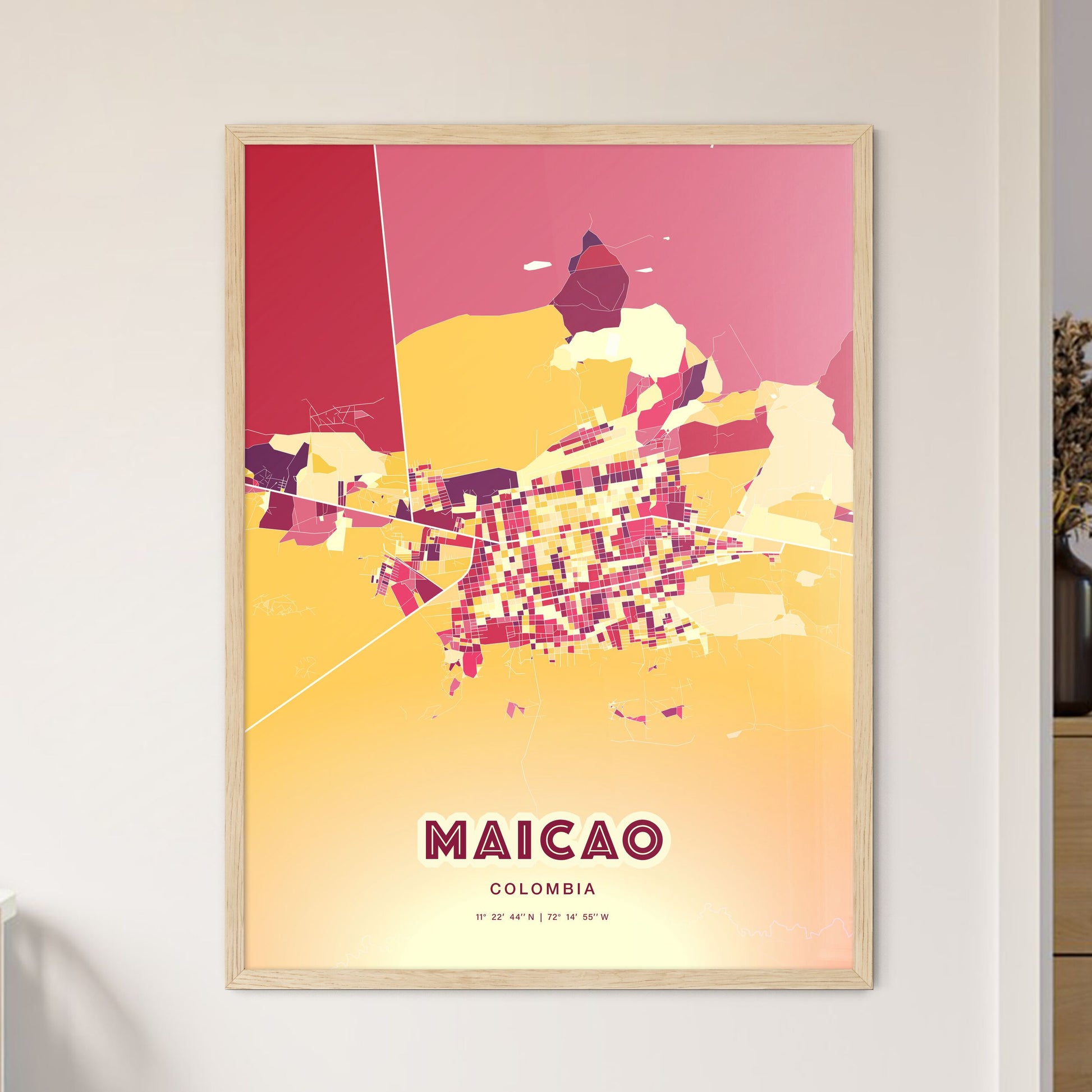 Colorful MAICAO COLOMBIA Fine Art Map Hot Red