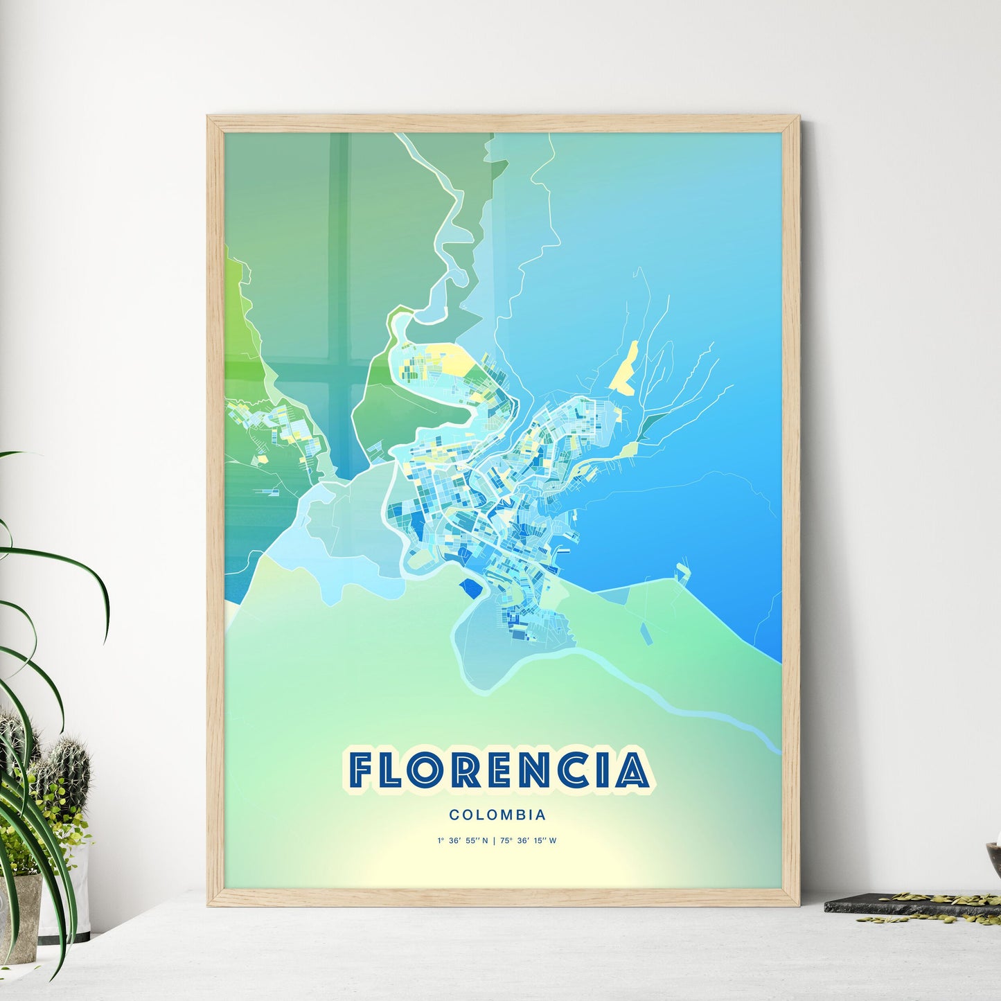 Colorful FLORENCIA COLOMBIA Fine Art Map Cool Blue