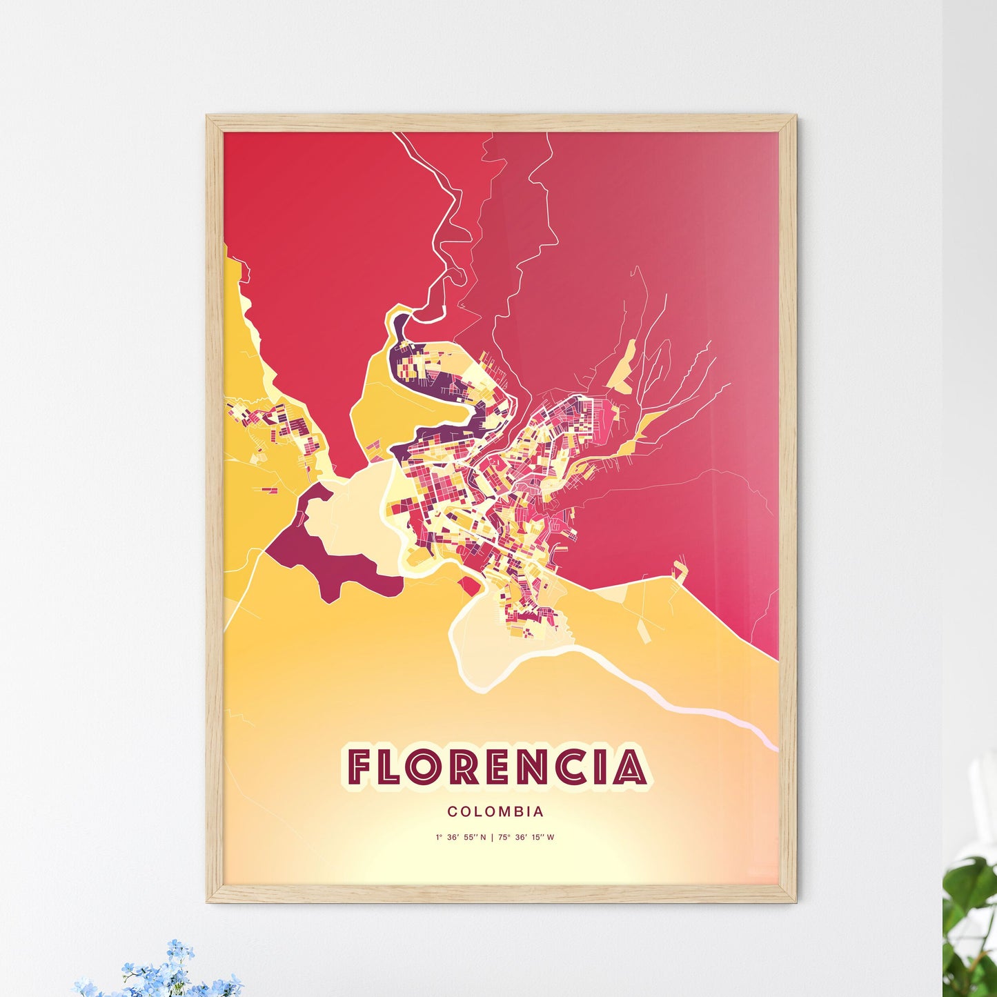 Colorful FLORENCIA COLOMBIA Fine Art Map Hot Red