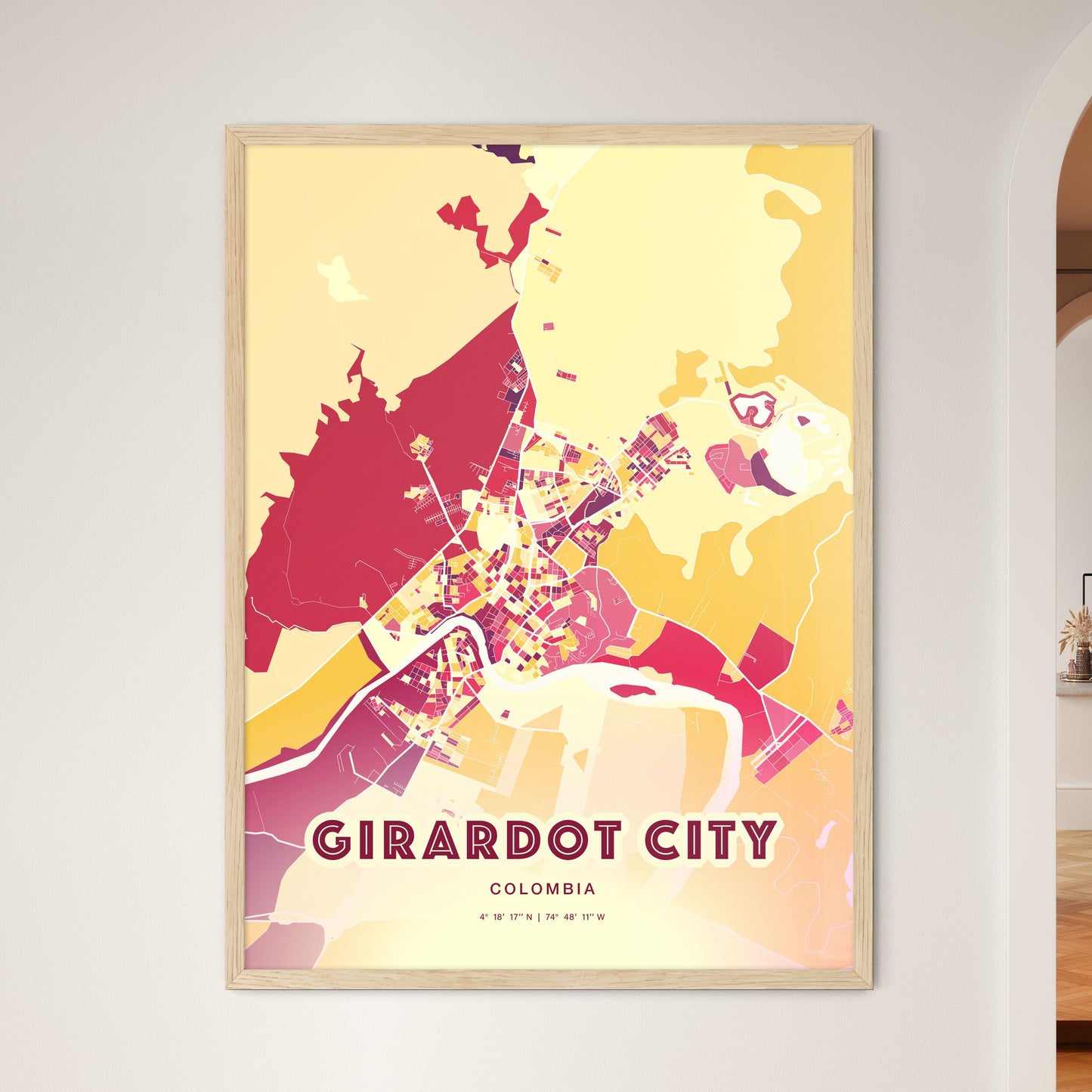 Colorful GIRARDOT CITY COLOMBIA Fine Art Map Hot Red