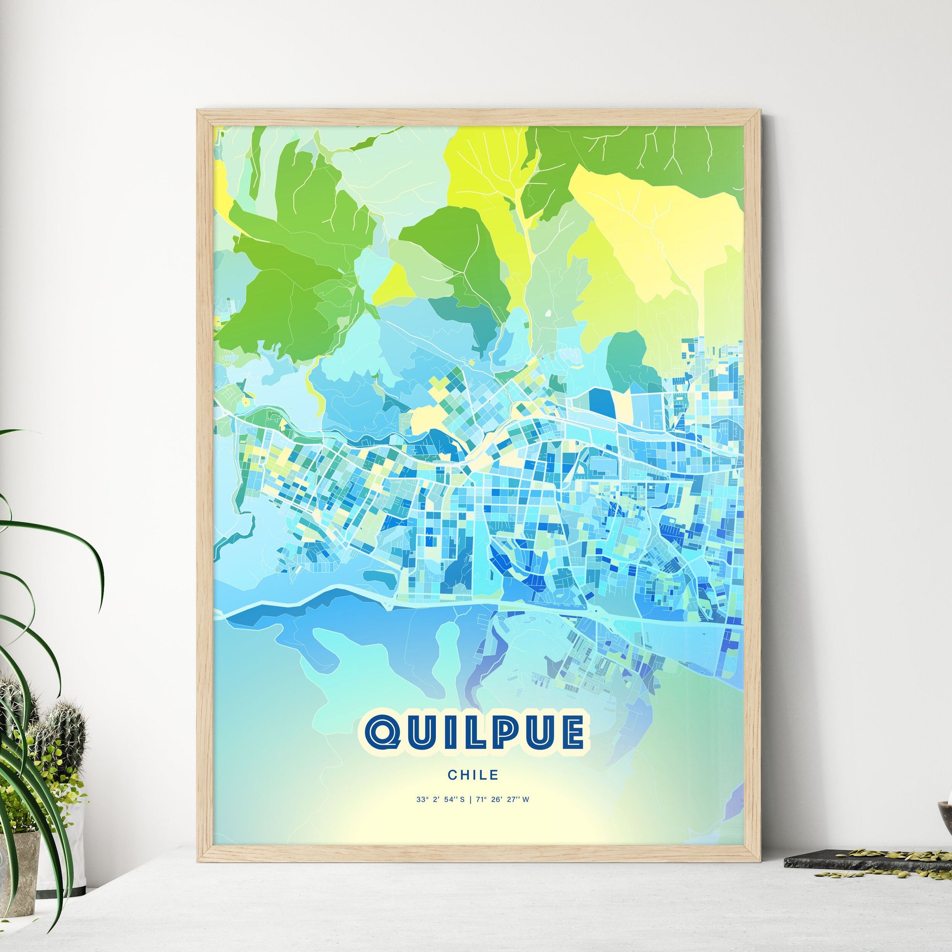 Colorful QUILPUE CHILE Fine Art Map Cool Blue