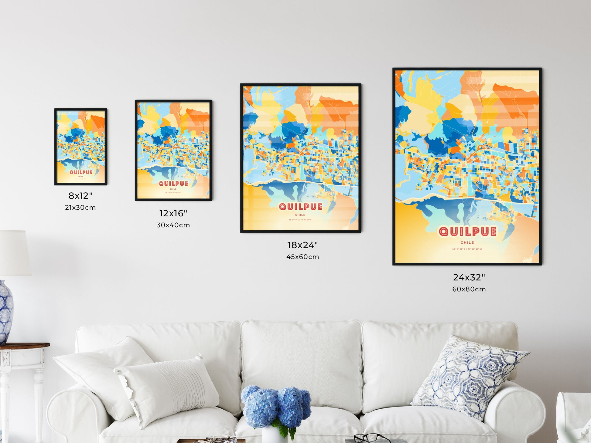 Colorful QUILPUE CHILE Fine Art Map Blue Orange