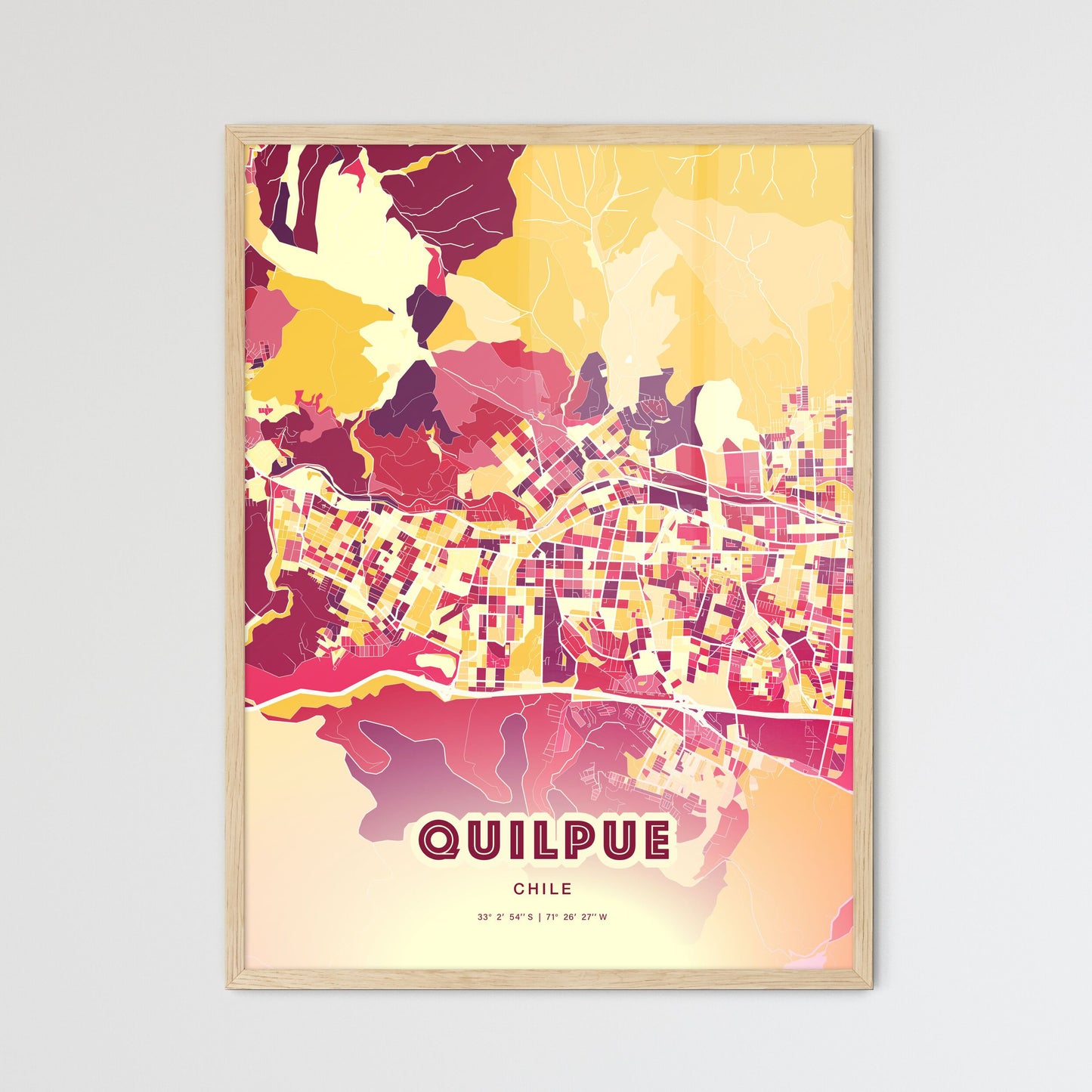 Colorful QUILPUE CHILE Fine Art Map Hot Red