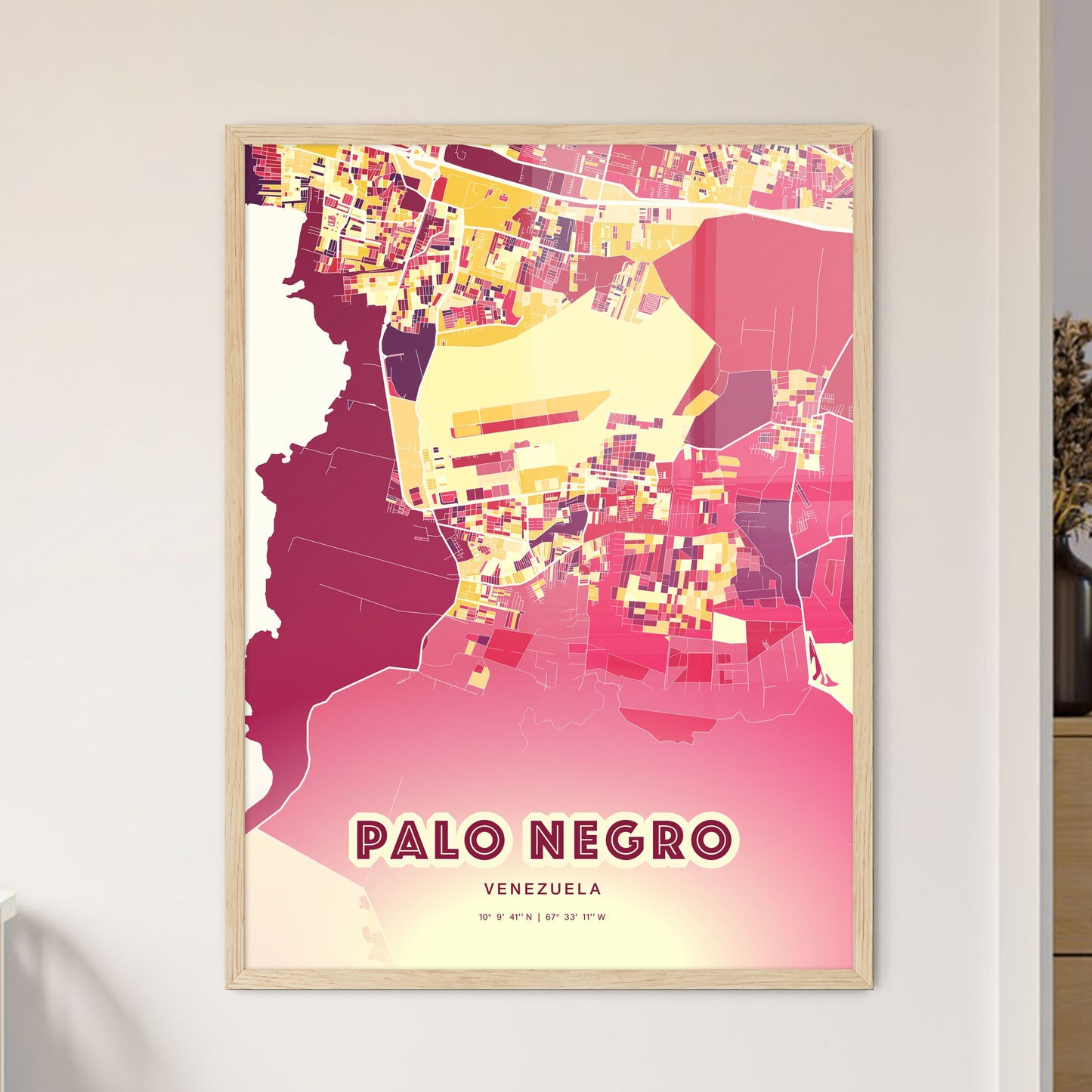 Colorful PALO NEGRO VENEZUELA Fine Art Map Hot Red