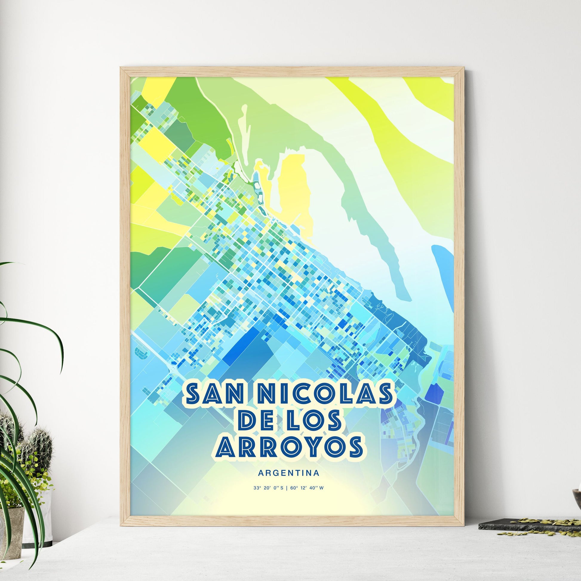 Colorful SAN NICOLAS DE LOS ARROYOS ARGENTINA Fine Art Map Cool Blue