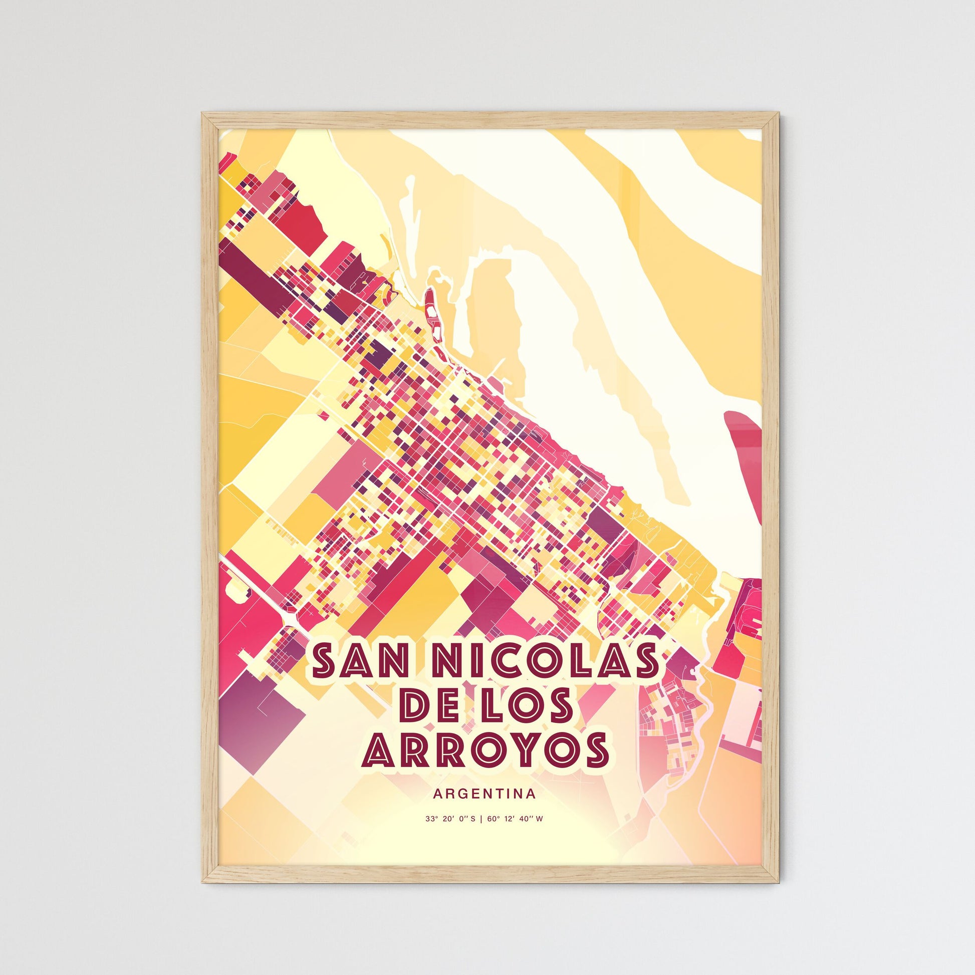 Colorful SAN NICOLAS DE LOS ARROYOS ARGENTINA Fine Art Map Hot Red