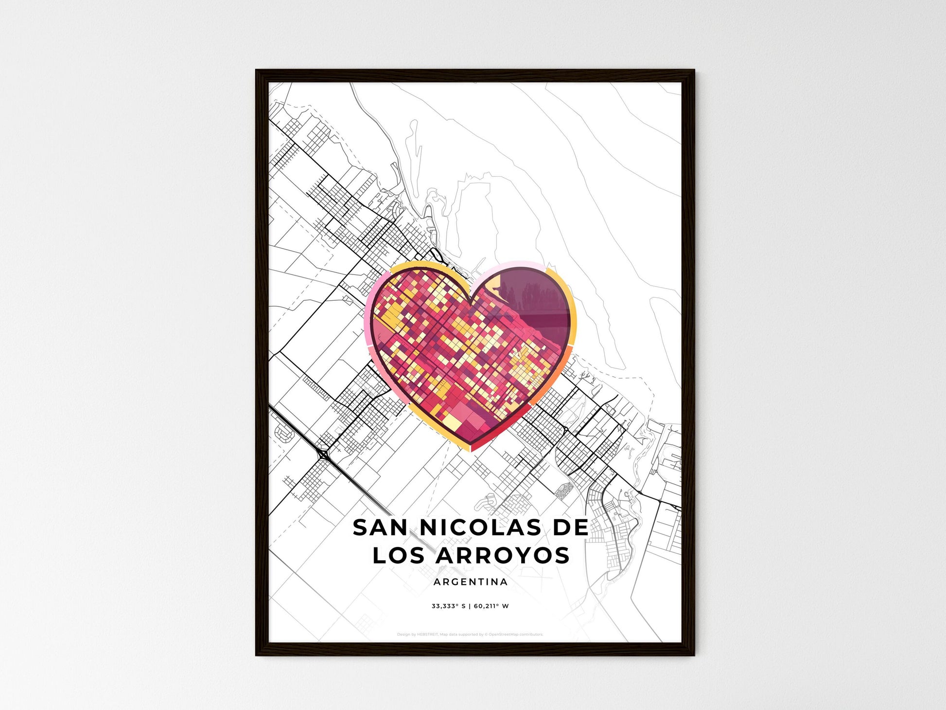 San Nicolas De Los Arroyos Argentina wedding art map with heart icon