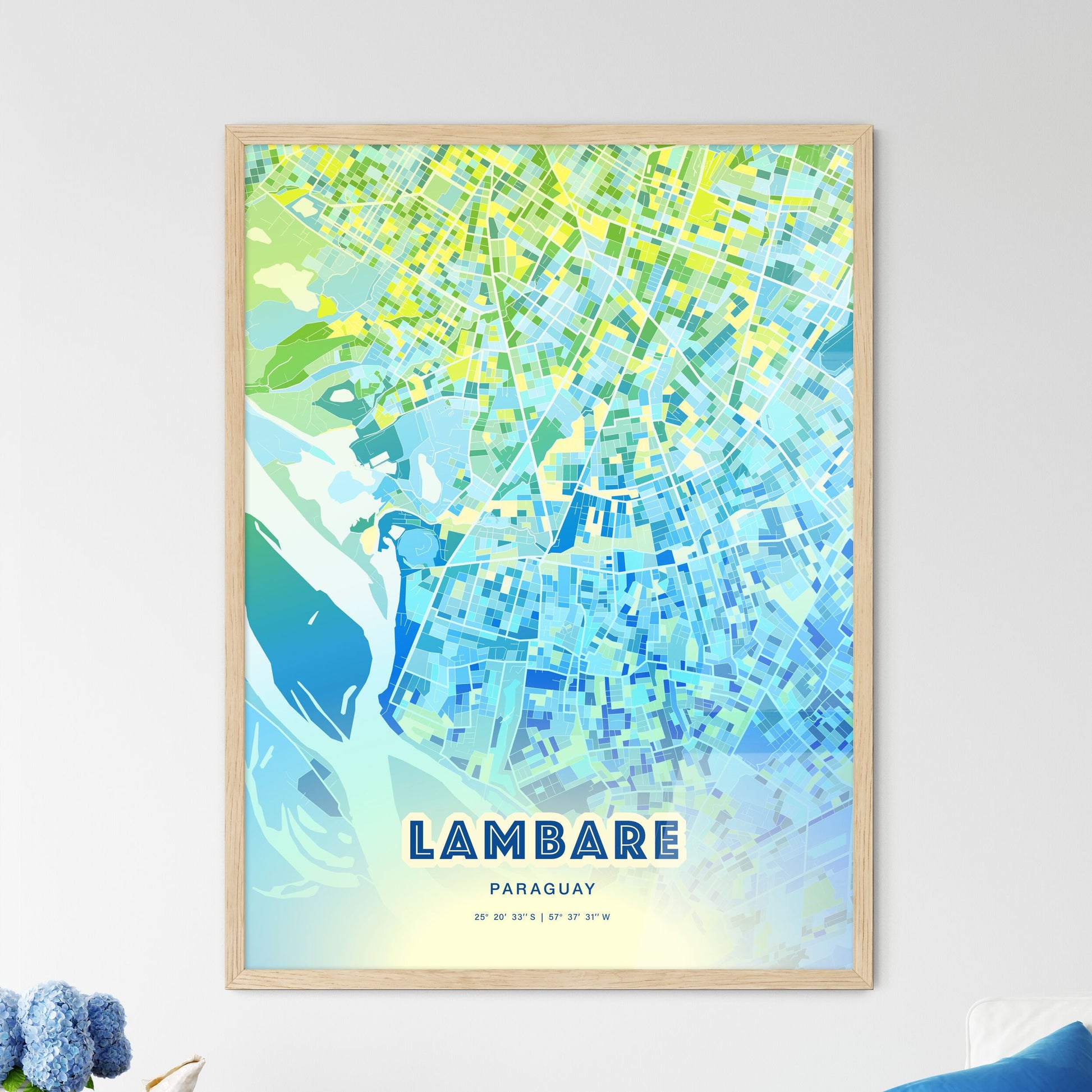 Colorful LAMBARE PARAGUAY Fine Art Map Cool Blue