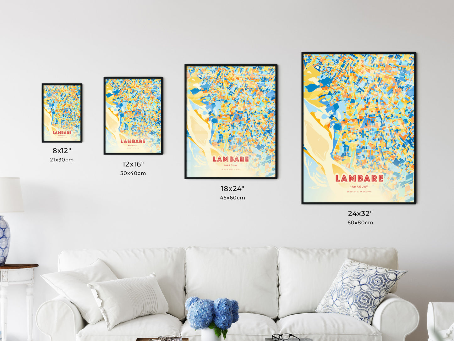 Colorful LAMBARE PARAGUAY Fine Art Map Blue Orange