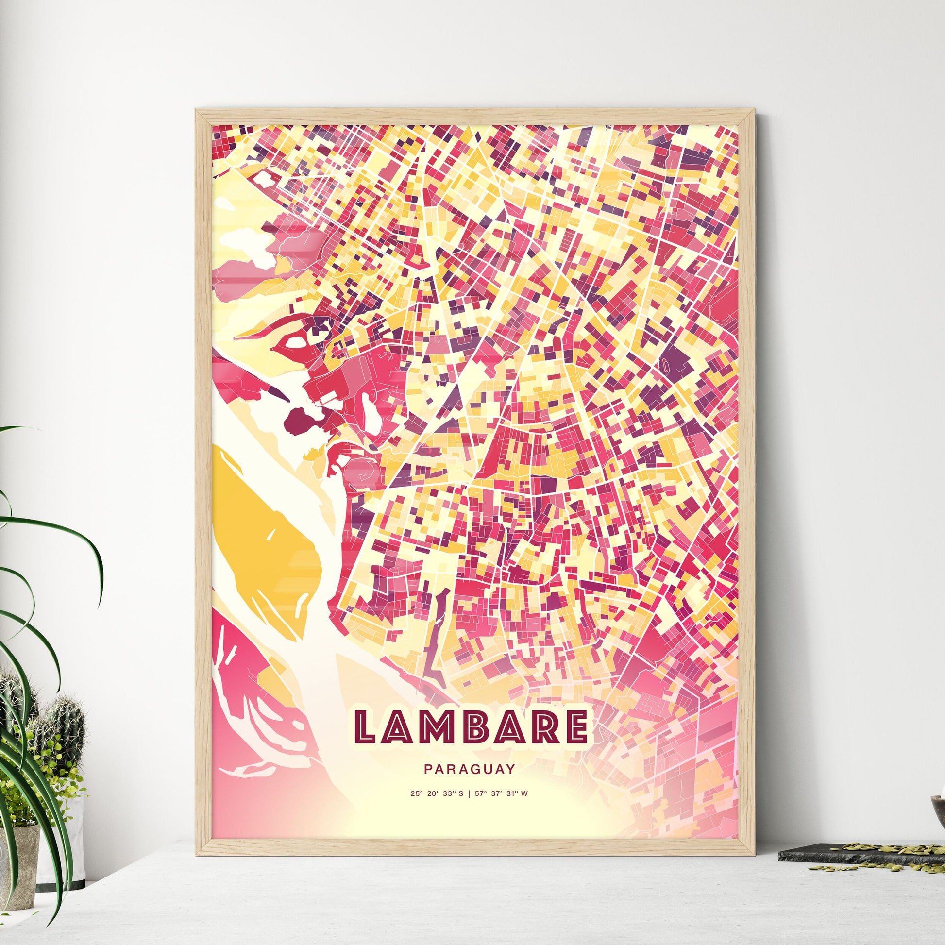 Colorful LAMBARE PARAGUAY Fine Art Map Hot Red