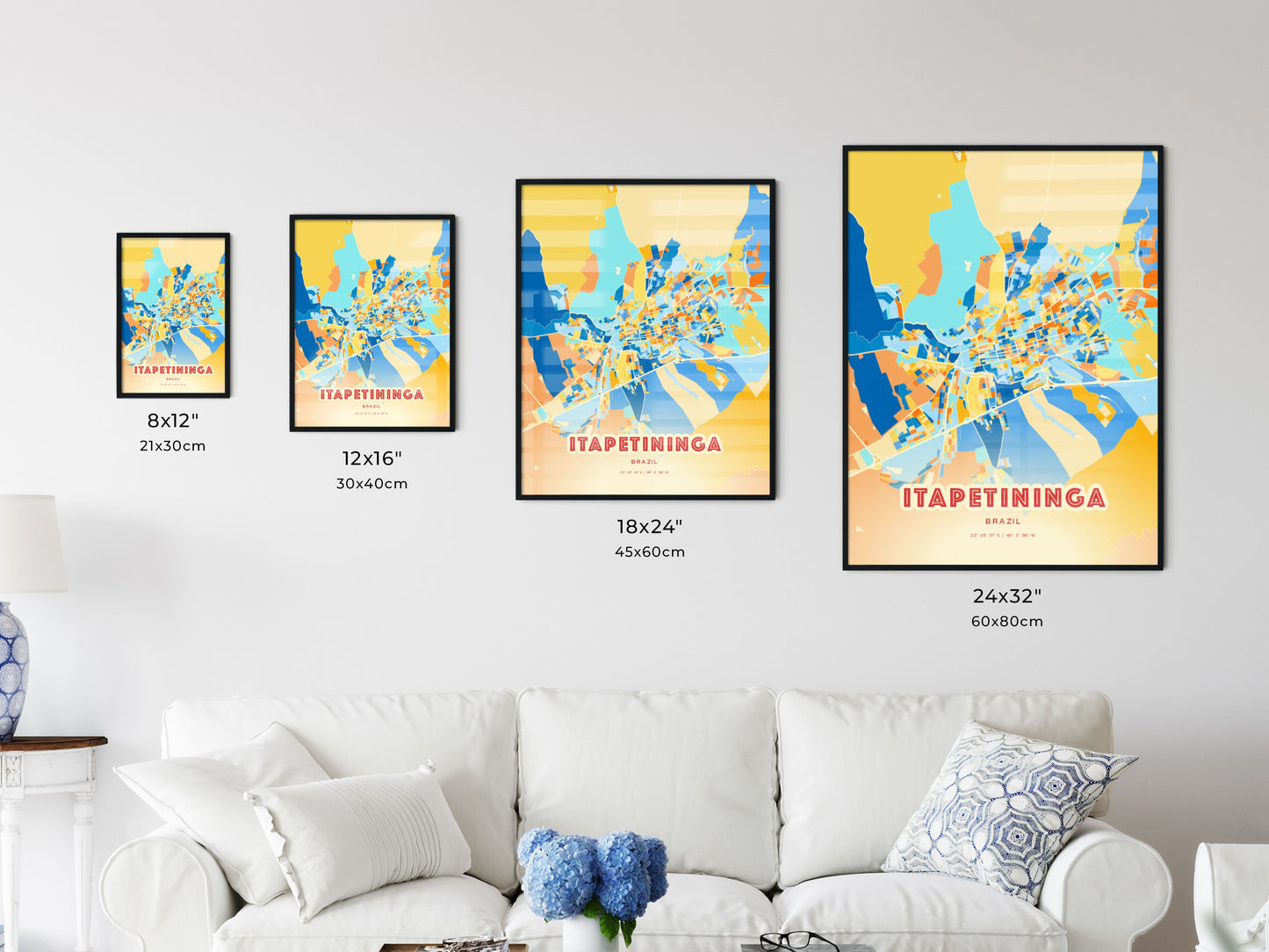 Colorful ITAPETININGA BRAZIL Fine Art Map Blue Orange