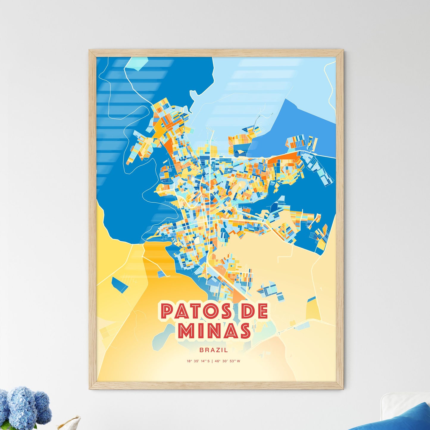 Colorful PATOS DE MINAS BRAZIL Fine Art Map Blue Orange