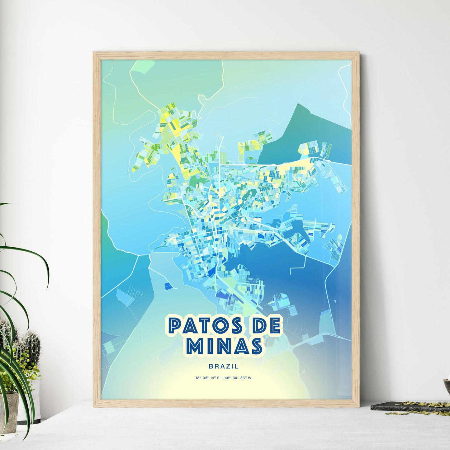 Colorful PATOS DE MINAS BRAZIL Fine Art Map Cool Blue