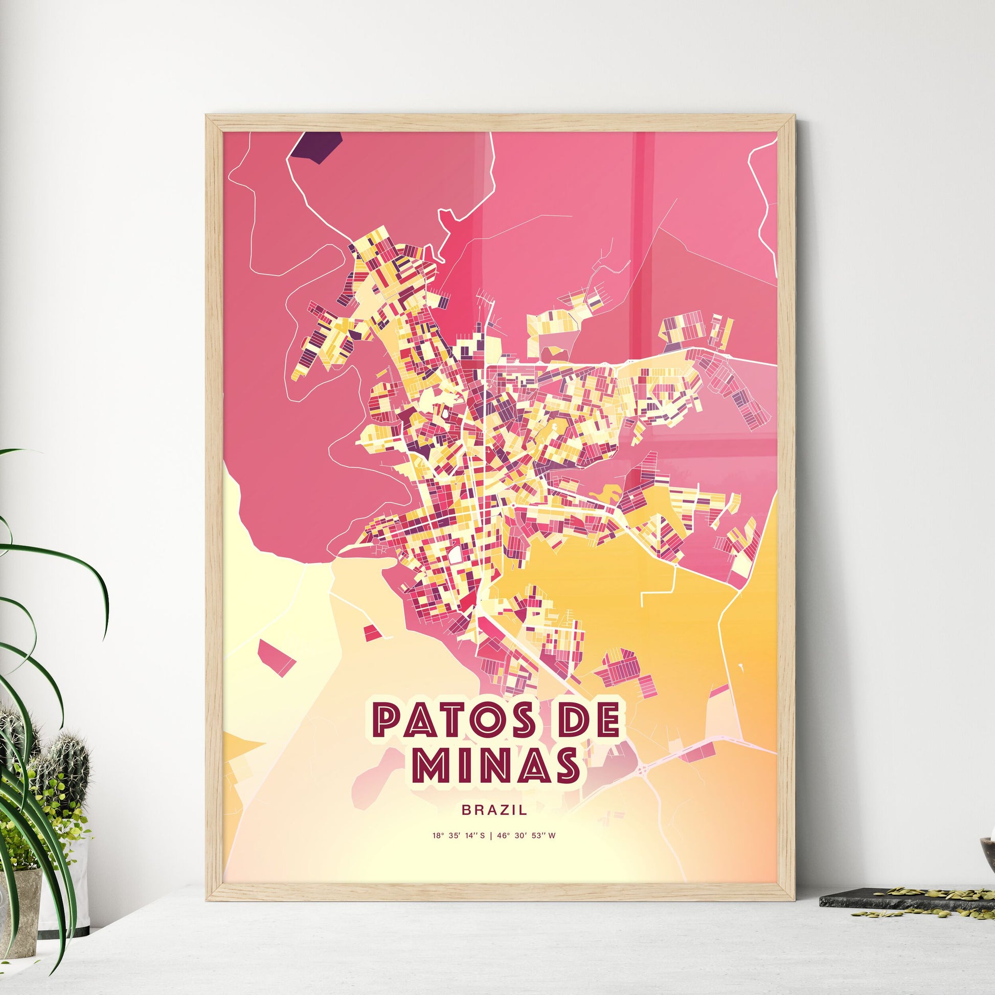 Colorful PATOS DE MINAS BRAZIL Fine Art Map Hot Red