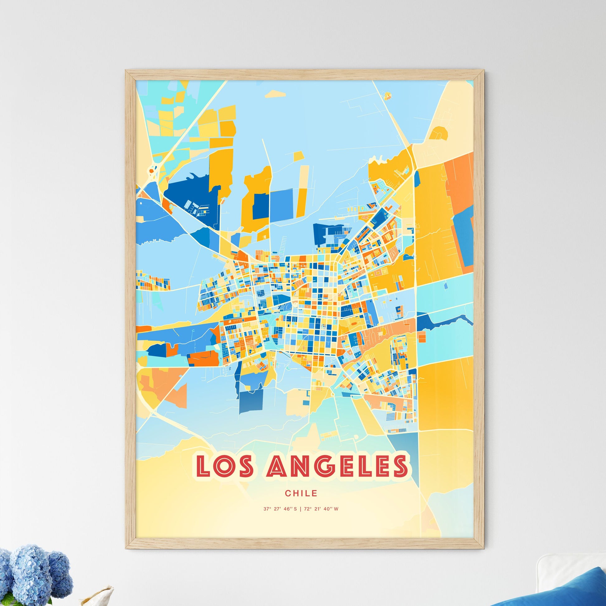 Colorful LOS ANGELES CHILE Fine Art Map Blue Orange