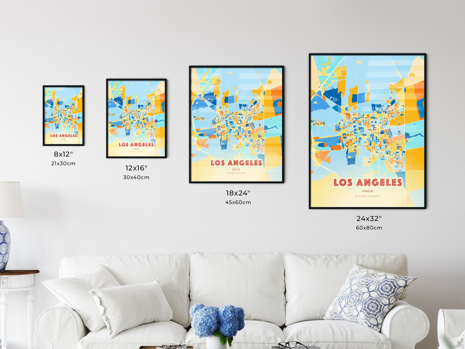 Colorful LOS ANGELES CHILE Fine Art Map Blue Orange