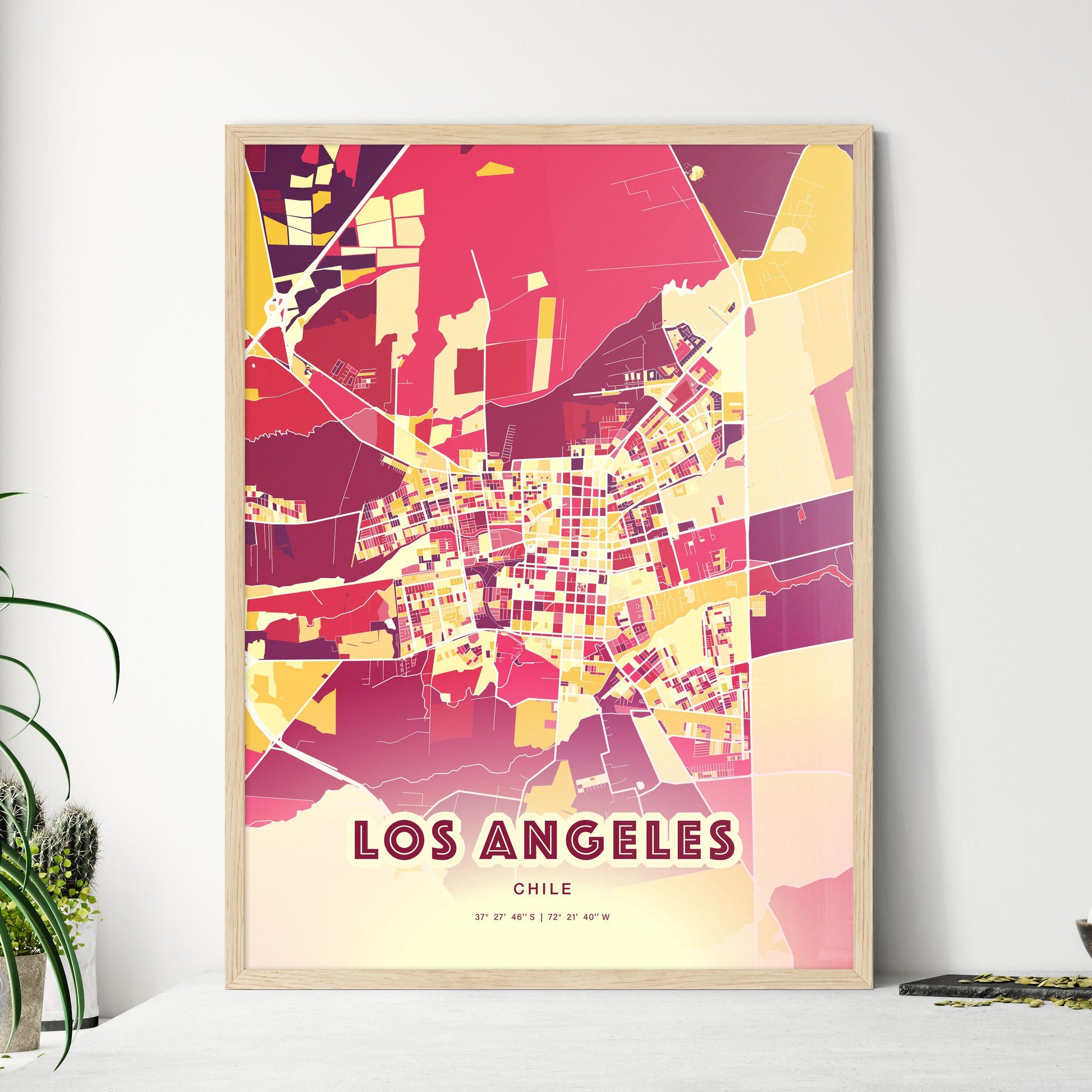 Colorful LOS ANGELES CHILE Fine Art Map Hot Red