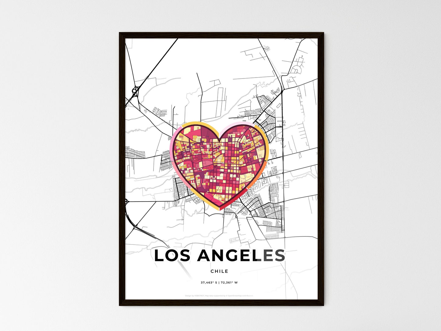 Los Angeles Chile wedding art map with heart icon
