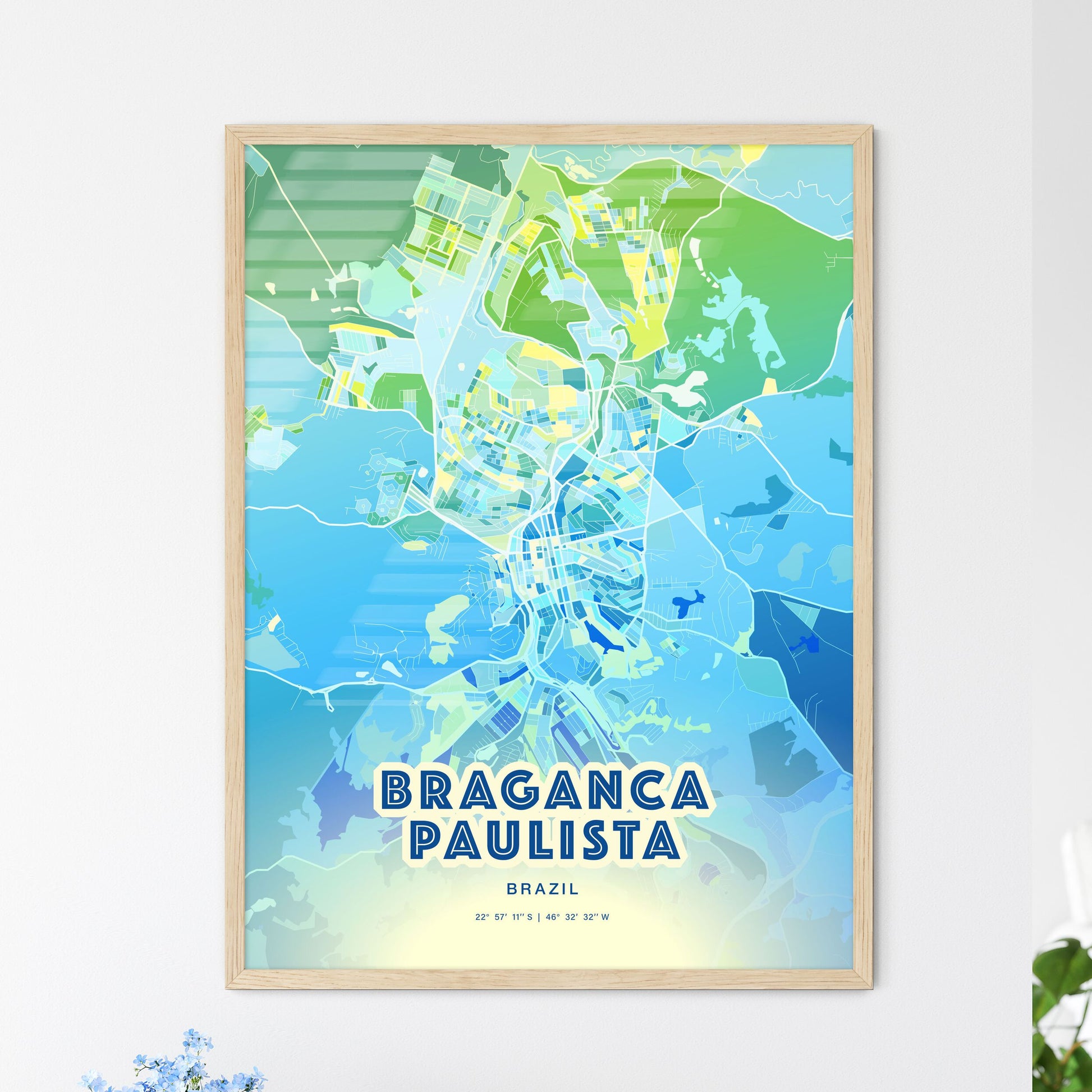 Colorful BRAGANCA PAULISTA BRAZIL Fine Art Map Cool Blue