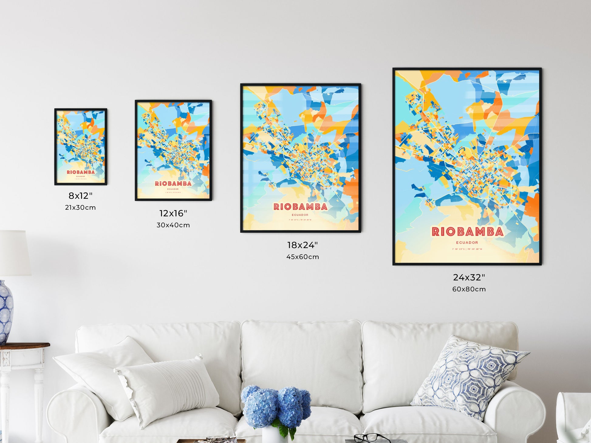 Colorful RIOBAMBA ECUADOR Fine Art Map Blue Orange