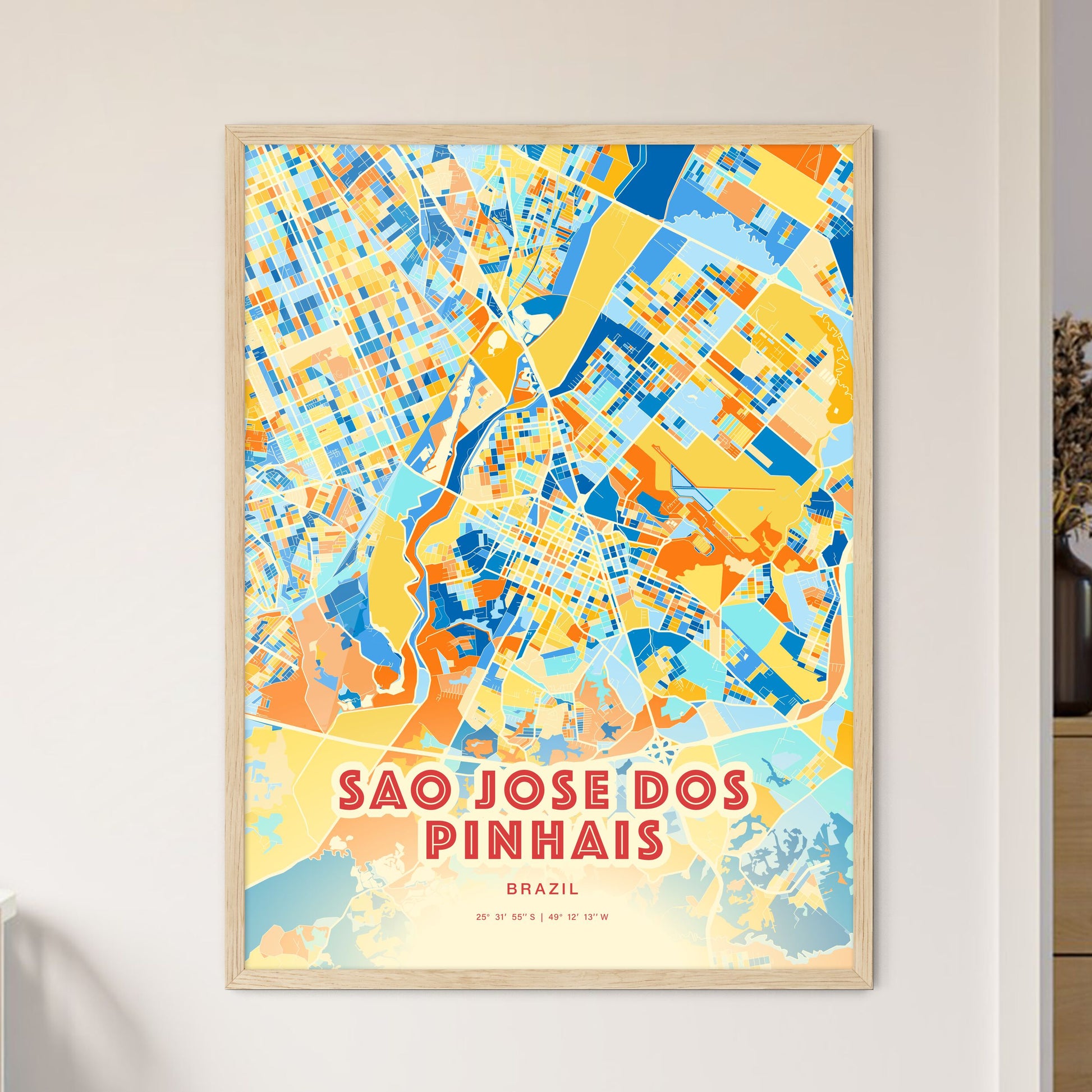 Colorful SAO JOSE DOS PINHAIS BRAZIL Fine Art Map Blue Orange