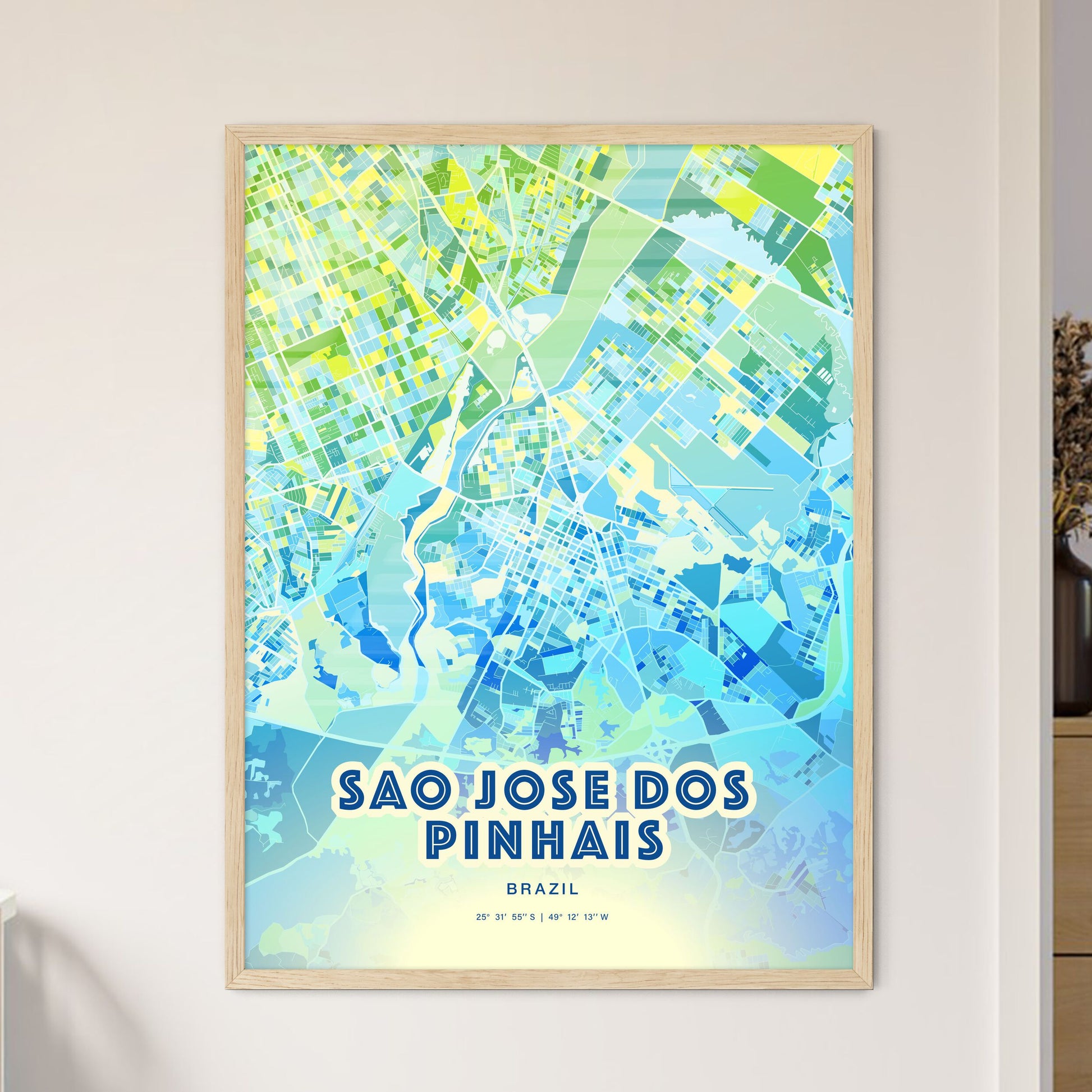 Colorful SAO JOSE DOS PINHAIS BRAZIL Fine Art Map Cool Blue