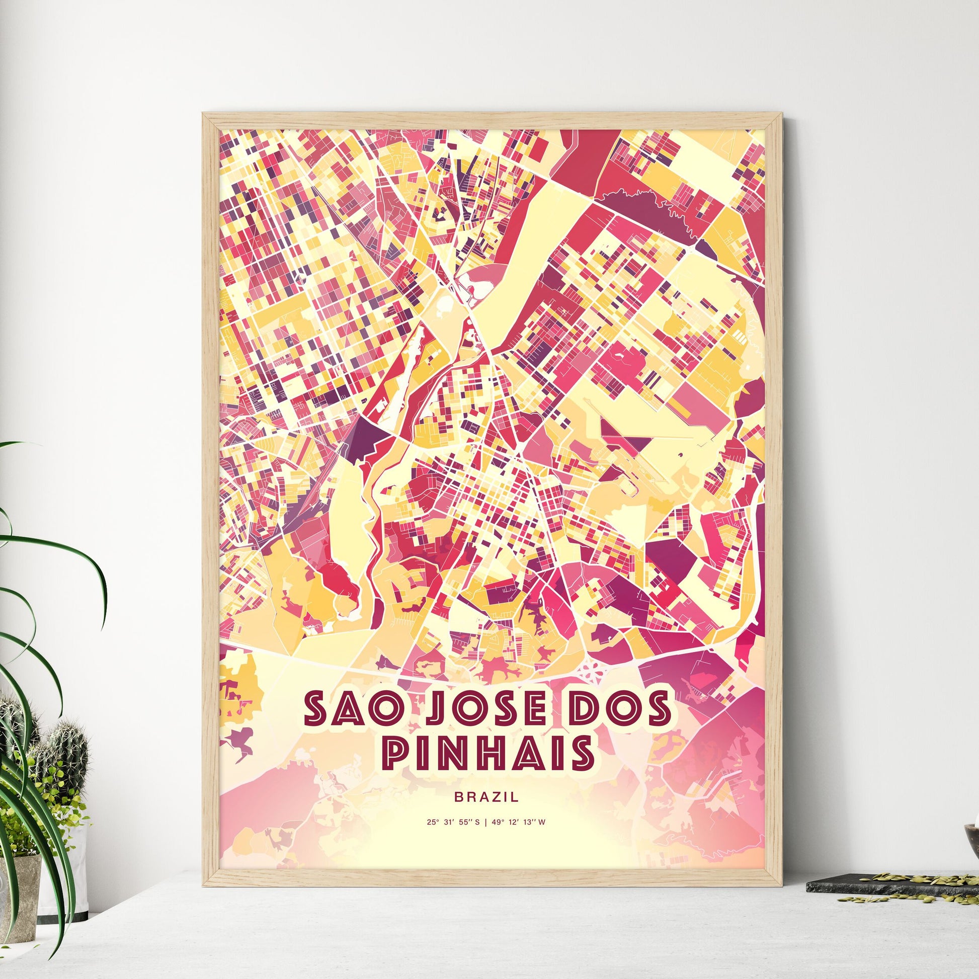 Colorful SAO JOSE DOS PINHAIS BRAZIL Fine Art Map Hot Red