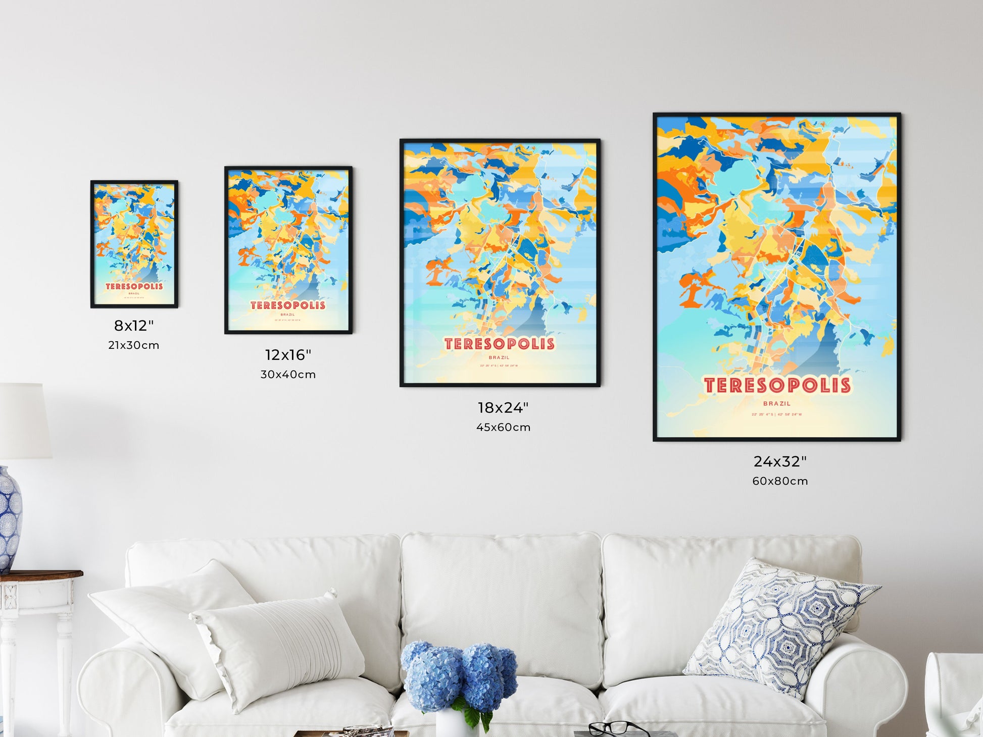 Colorful TERESOPOLIS BRAZIL Fine Art Map Blue Orange