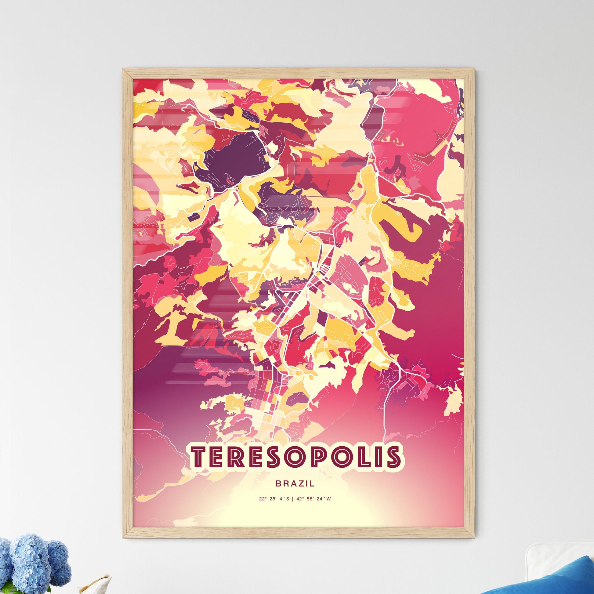 Colorful TERESOPOLIS BRAZIL Fine Art Map Hot Red