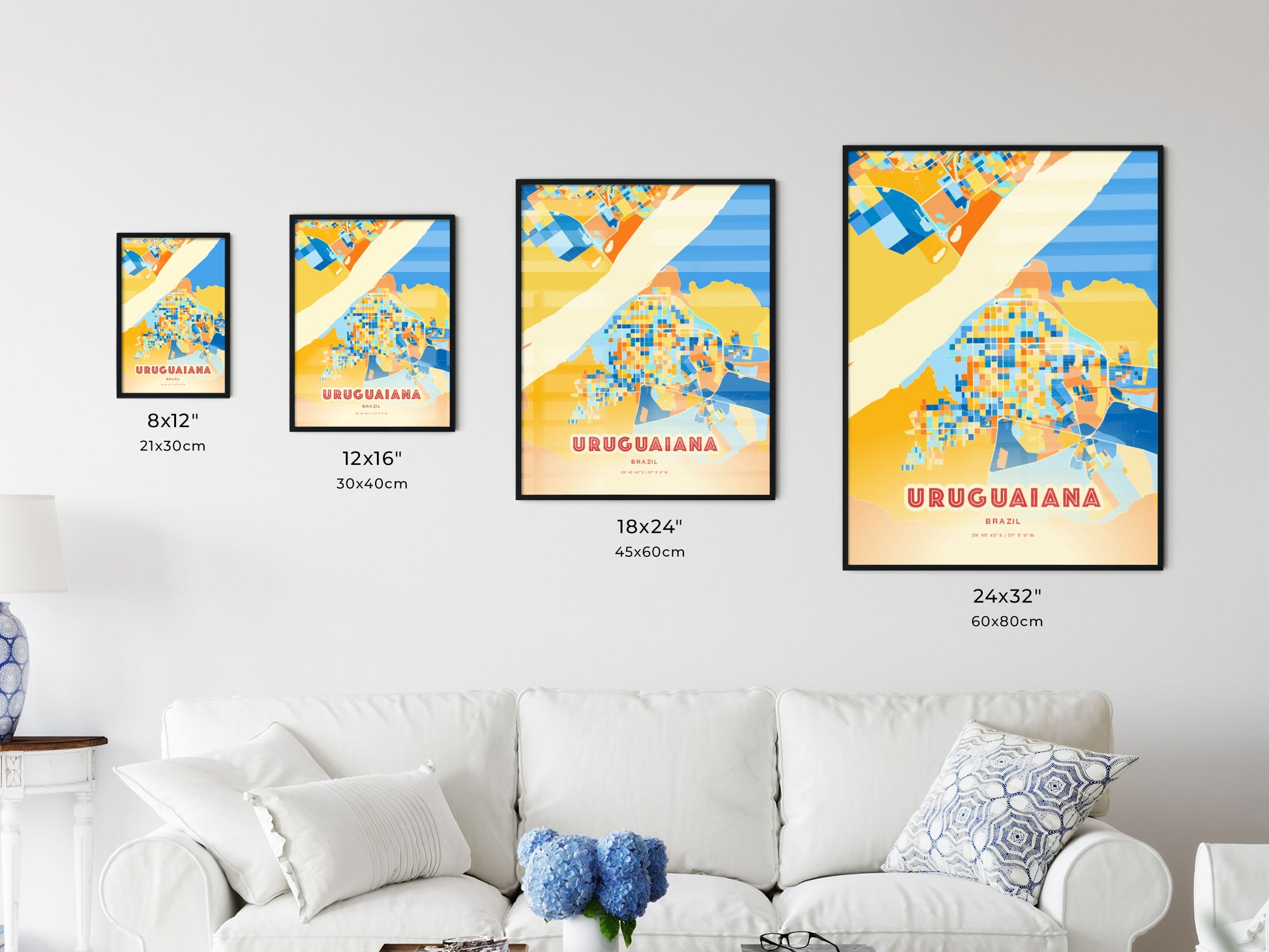 Colorful URUGUAIANA BRAZIL Fine Art Map Blue Orange