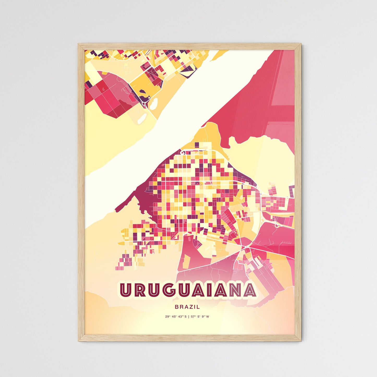 Colorful URUGUAIANA BRAZIL Fine Art Map Hot Red