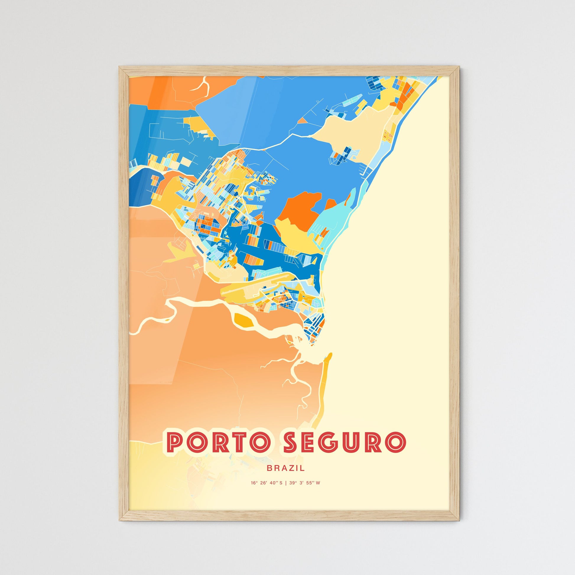 Colorful PORTO SEGURO BRAZIL Fine Art Map Blue Orange