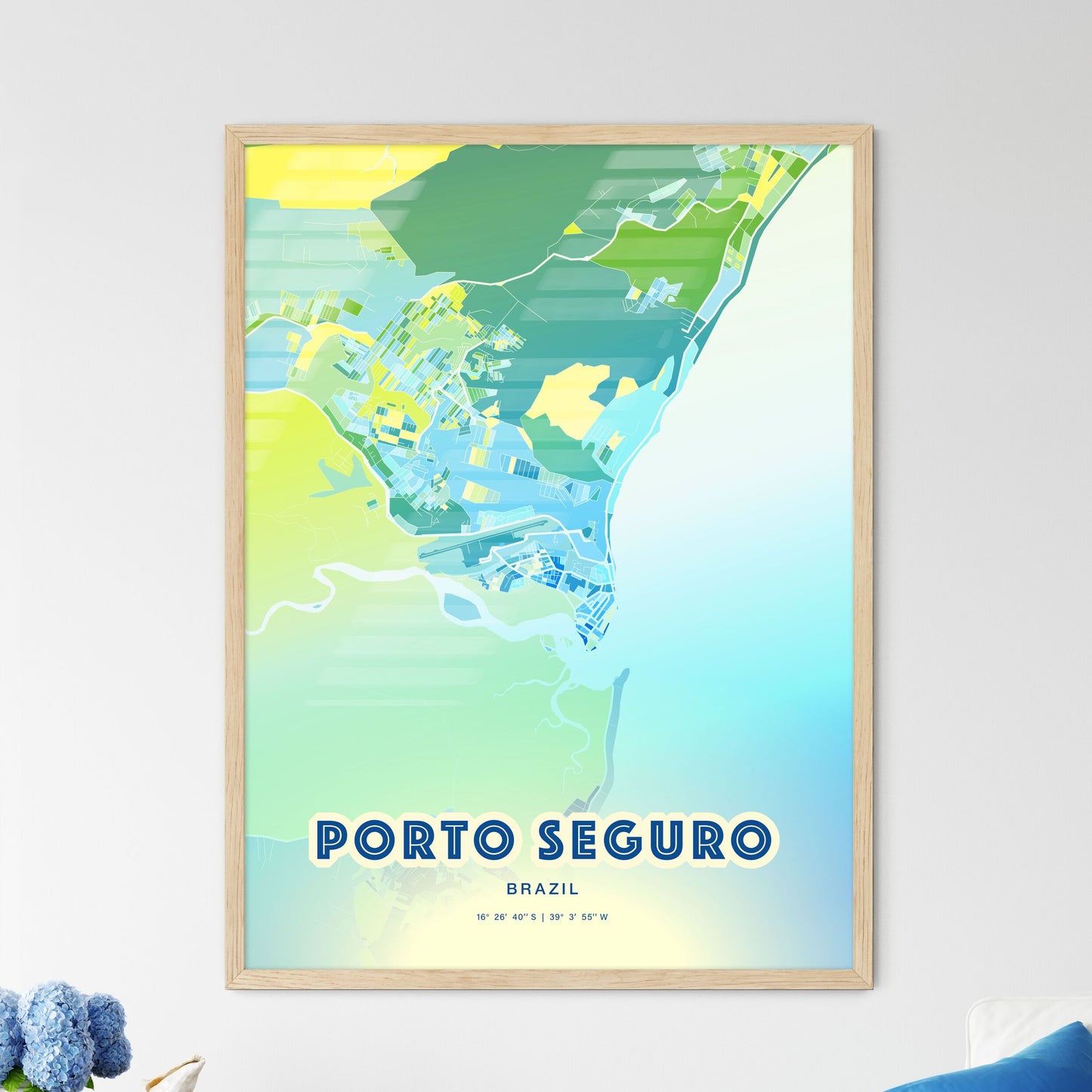 Colorful PORTO SEGURO BRAZIL Fine Art Map Cool Blue