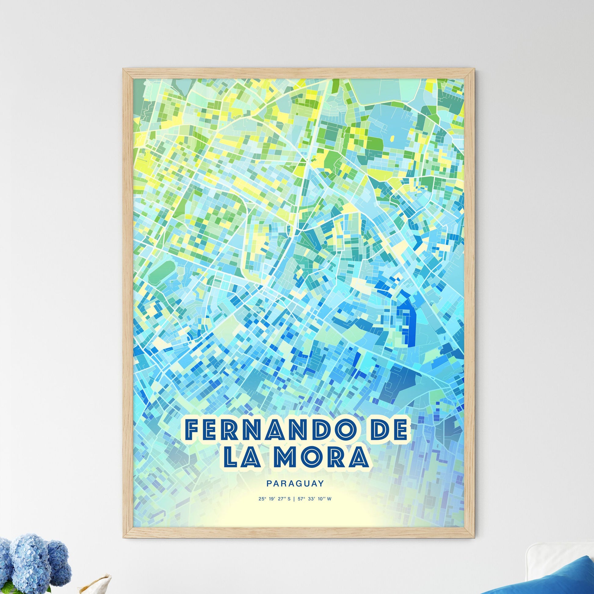 Colorful FERNANDO DE LA MORA PARAGUAY Fine Art Map Cool Blue