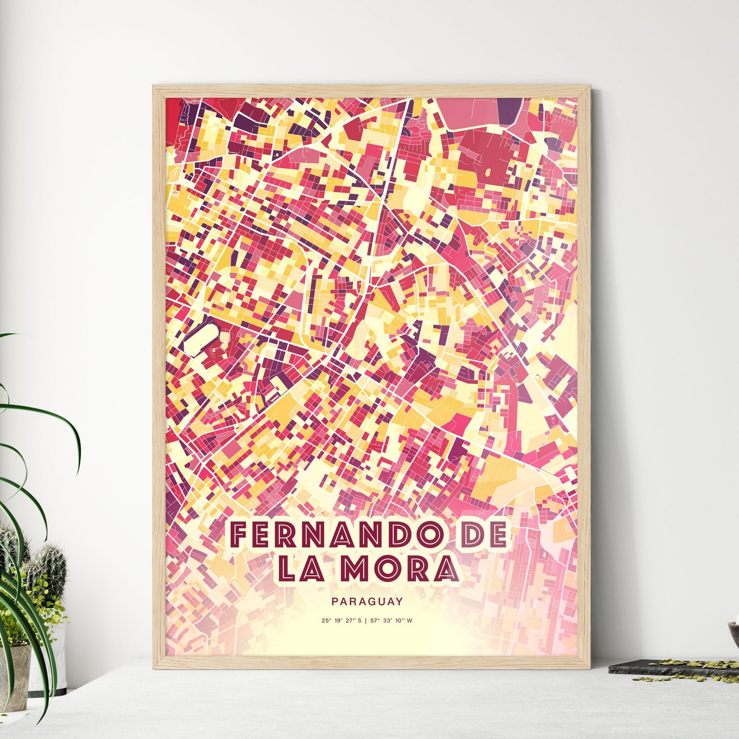 Colorful FERNANDO DE LA MORA PARAGUAY Fine Art Map Hot Red