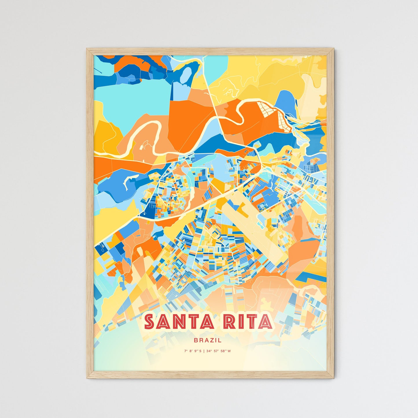 Colorful SANTA RITA BRAZIL Fine Art Map Blue Orange