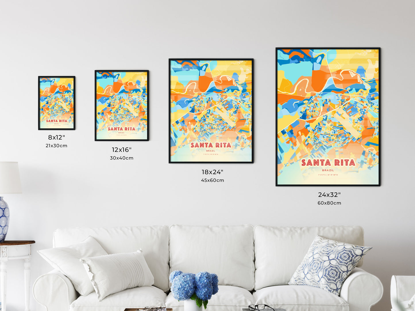 Colorful SANTA RITA BRAZIL Fine Art Map Blue Orange