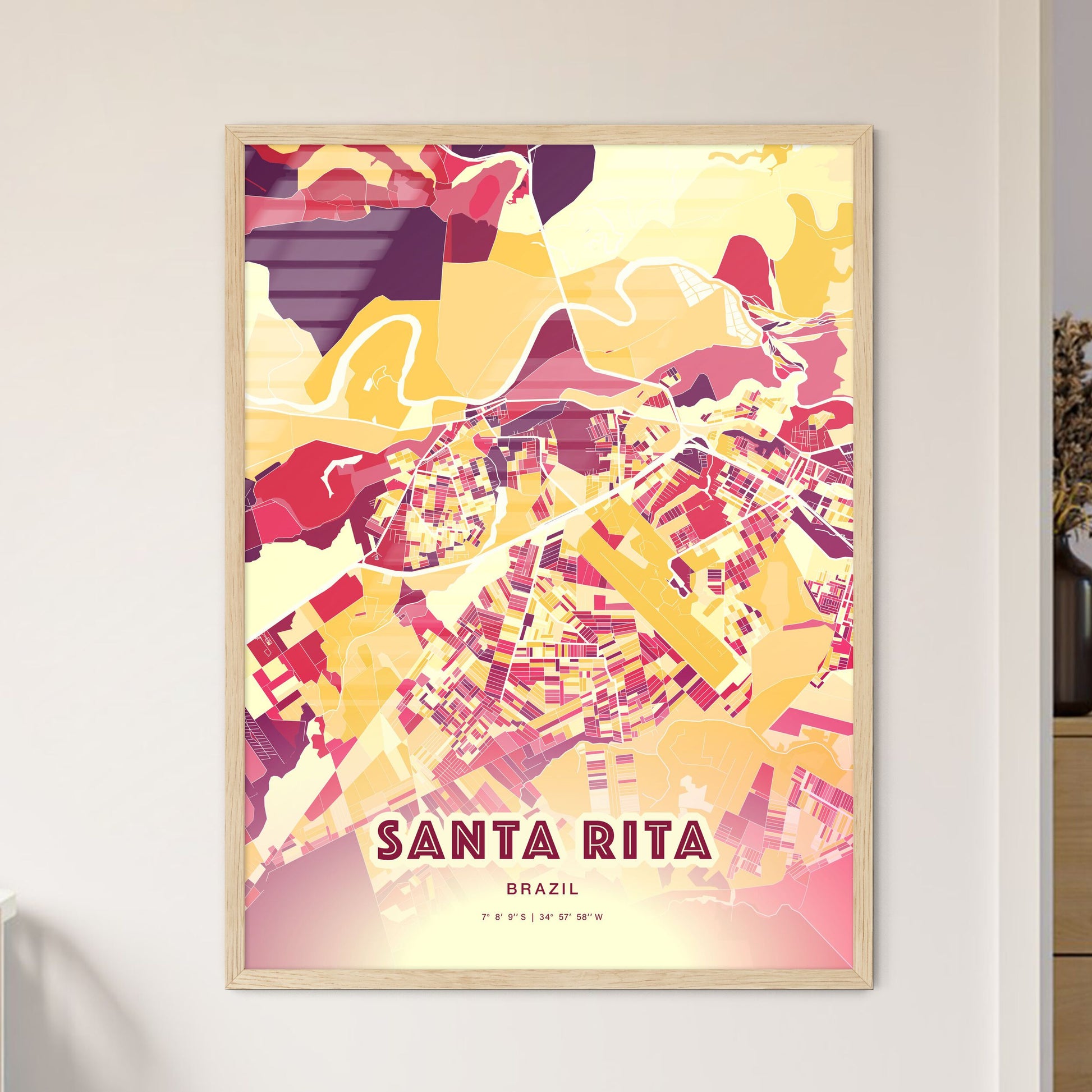 Colorful SANTA RITA BRAZIL Fine Art Map Hot Red