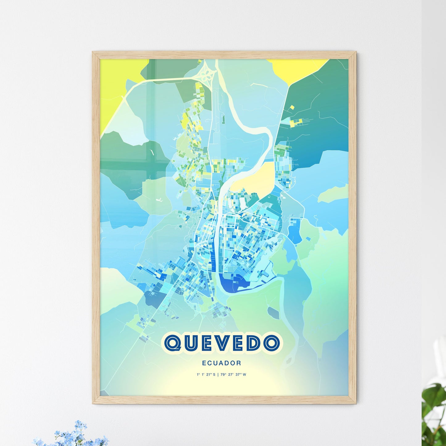 Colorful QUEVEDO ECUADOR Fine Art Map Cool Blue