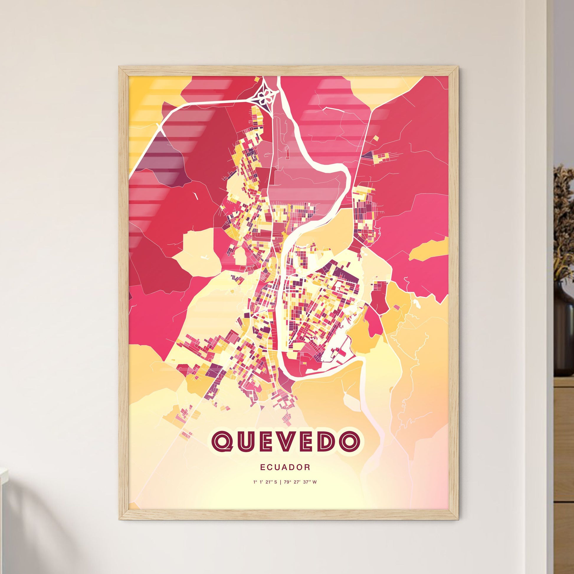 Colorful QUEVEDO ECUADOR Fine Art Map Hot Red