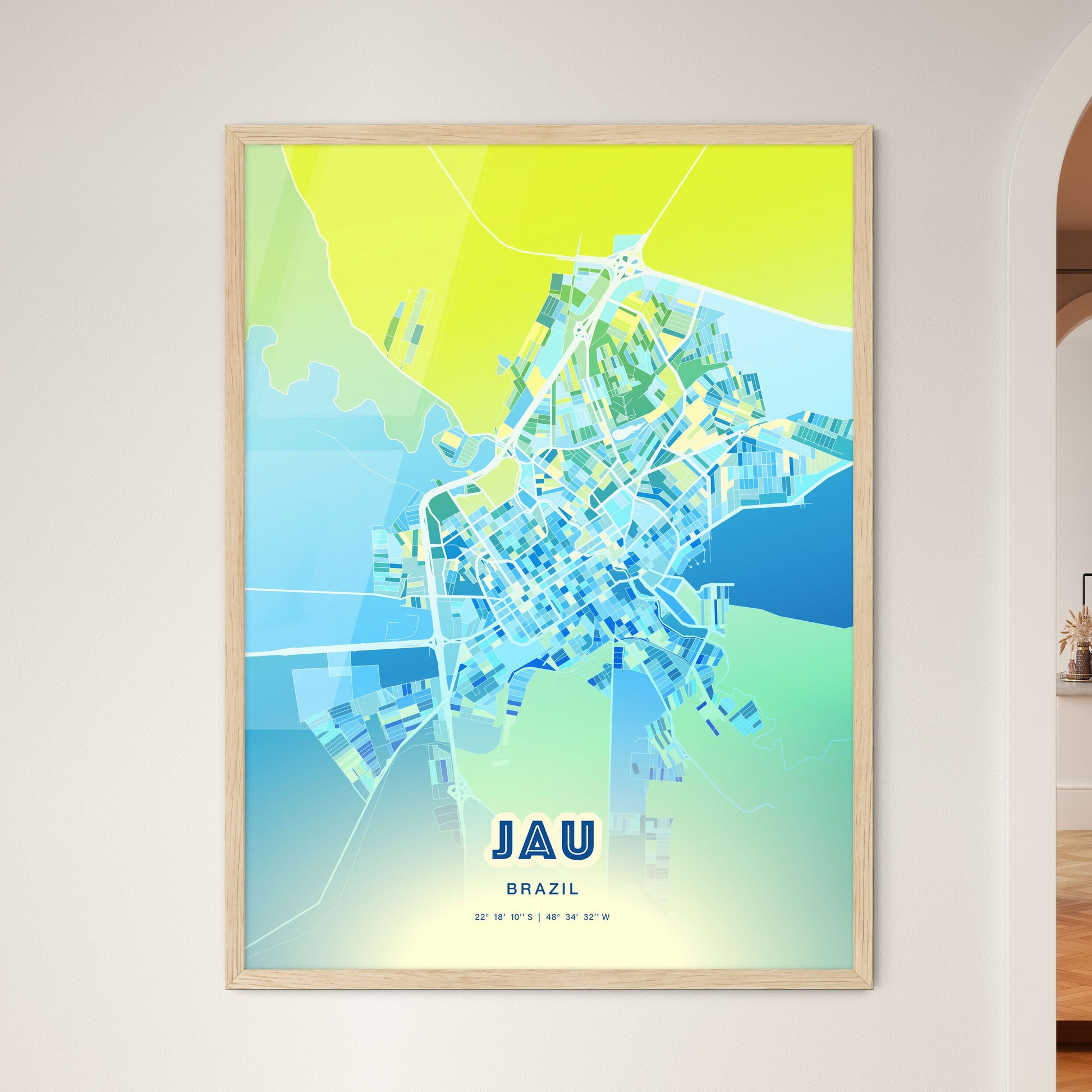 Colorful JAU BRAZIL Fine Art Map Cool Blue