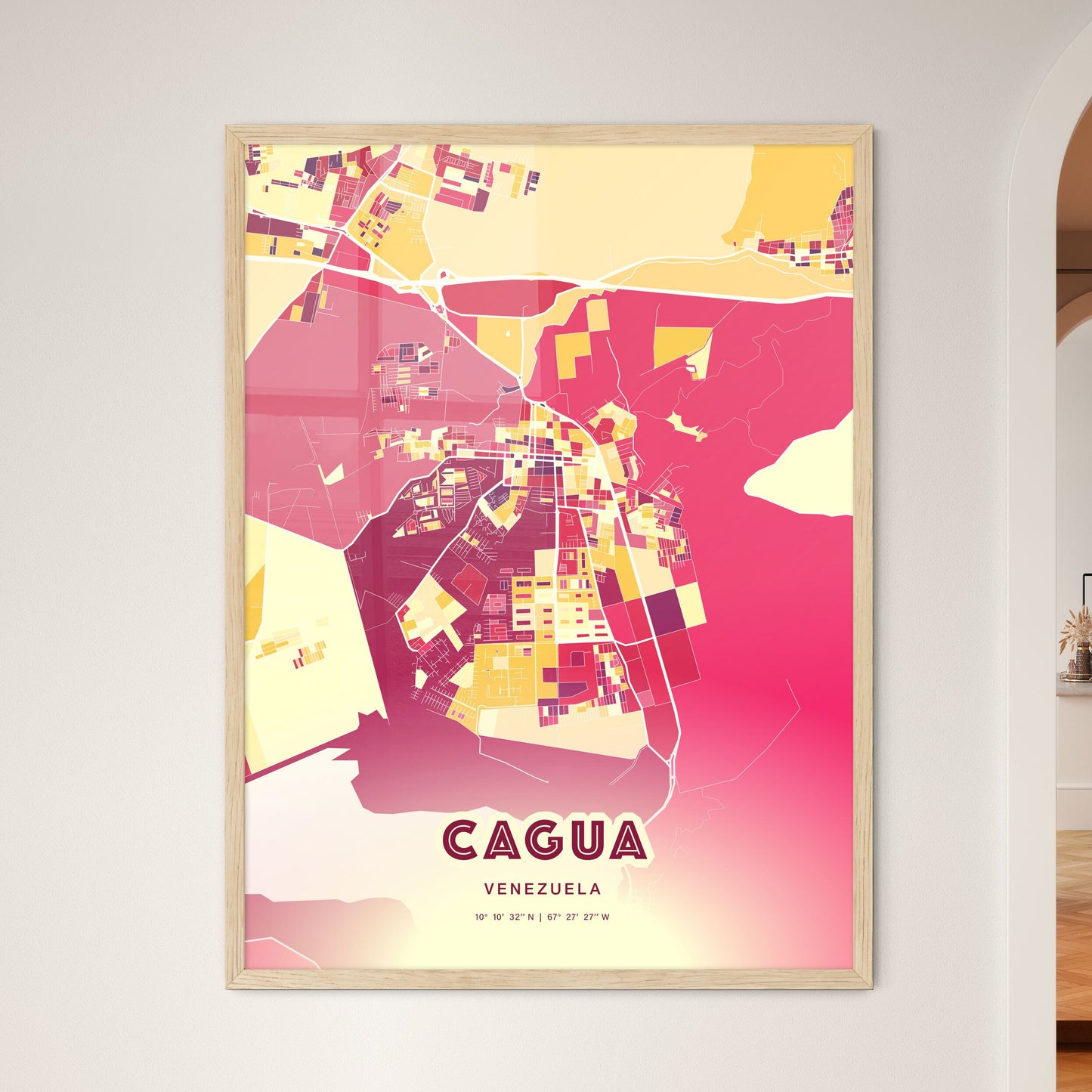 Colorful CAGUA VENEZUELA Fine Art Map Hot Red