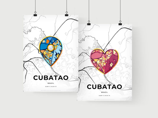 CUBATAO BRAZIL minimal art map with a colorful icon. Where it all began, Couple map gift.