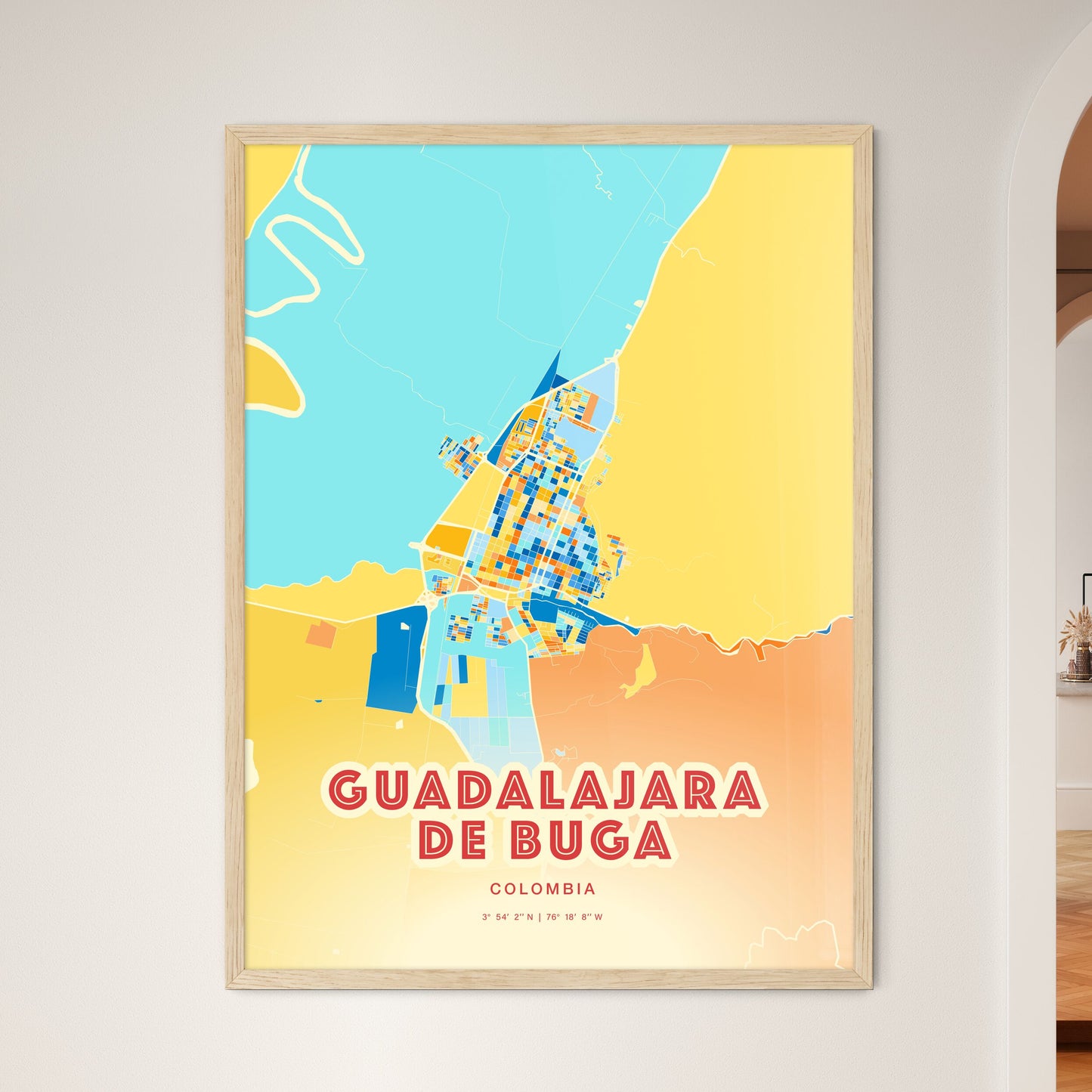 Colorful GUADALAJARA DE BUGA COLOMBIA Fine Art Map Blue Orange